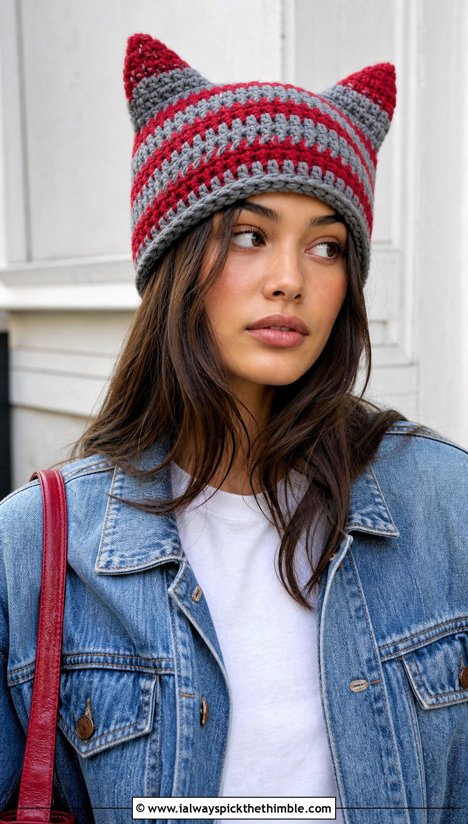 Red And Gray Cat Ear Clancy Crochet Beanie With Denim Jacket - 20 clancy beanie crochet outfit ideas