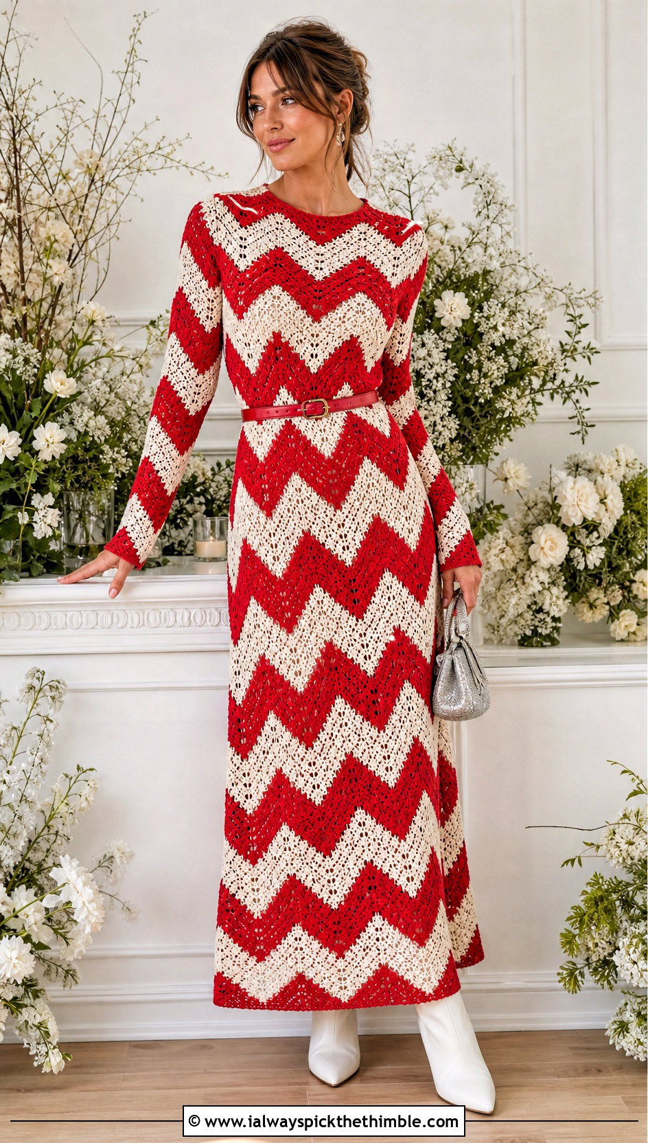 Red And White Chevron Crochet Maxi Dress With Boots - 15 Red And White Crochet Holiday Outfit ideas