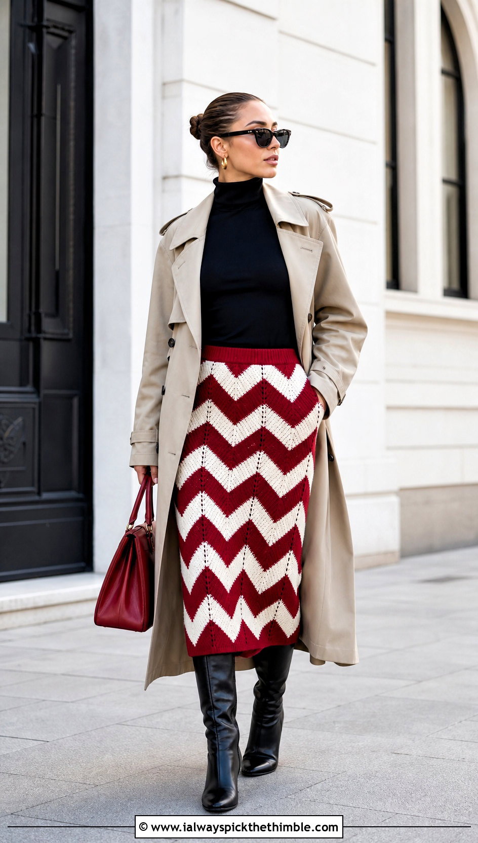 Red And White Chevron Crochet Midi Skirt With Trench Coat - 20 red and white crochet skirt outfit ideas