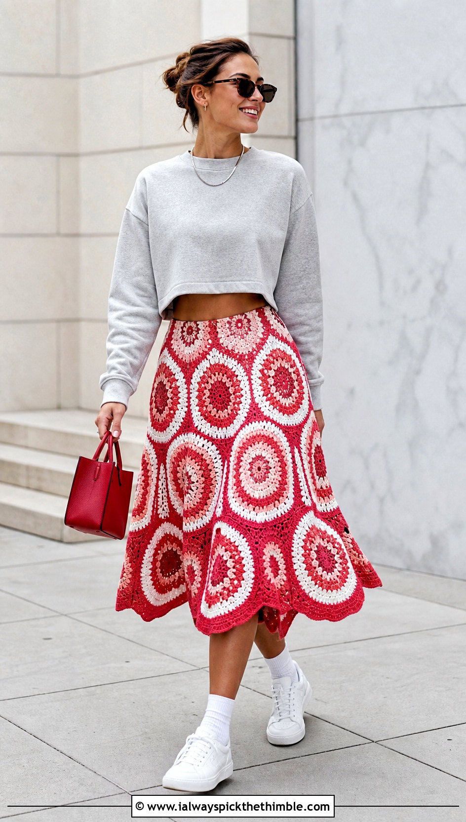 Red And White Circle Crochet Midi Skirt With Sweatshirt - 20 red and white crochet skirt outfit ideas