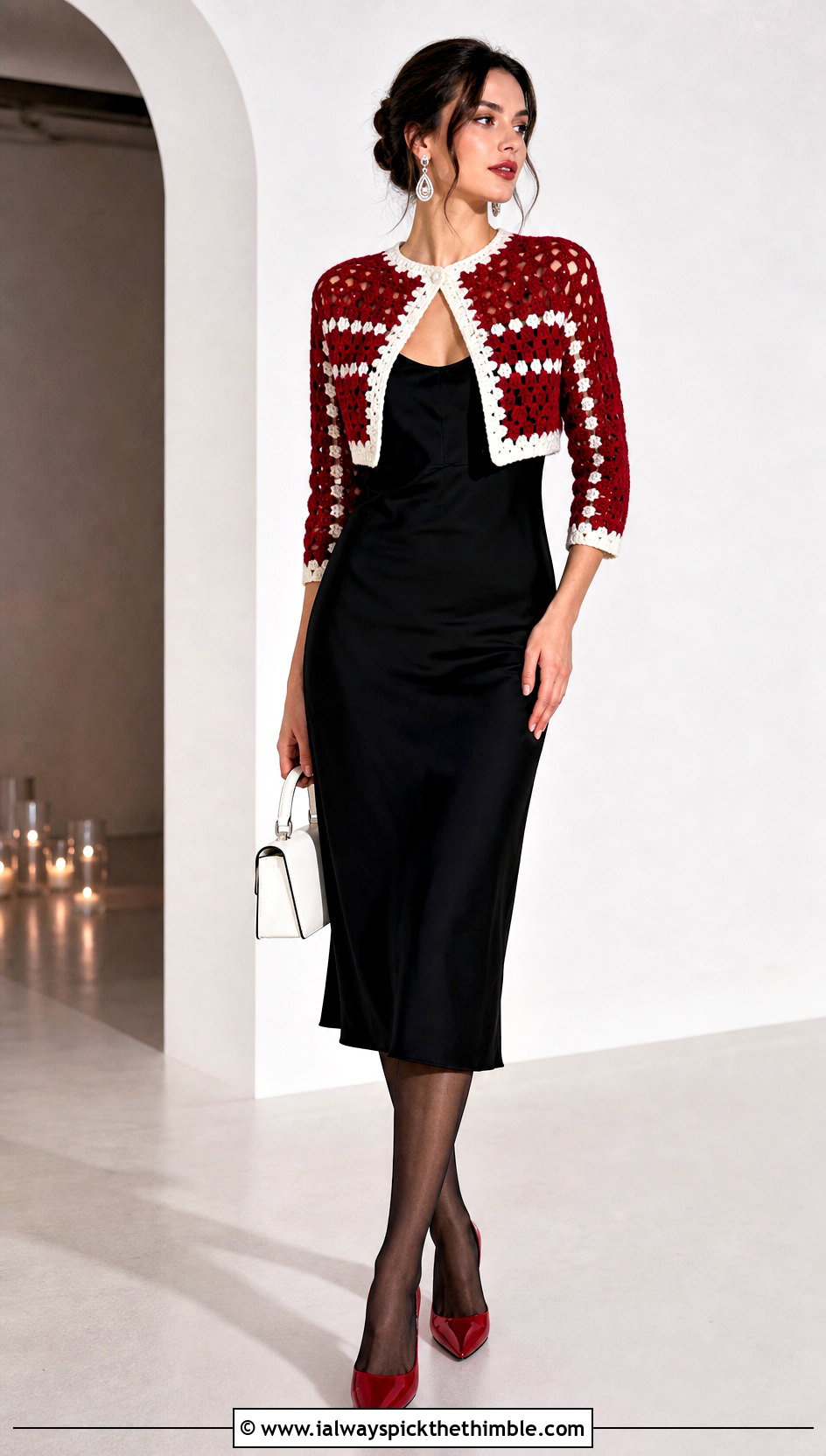 Red And White Crochet Bolero With Black Slip Dress - 15 Red And White Crochet Holiday Outfit ideas