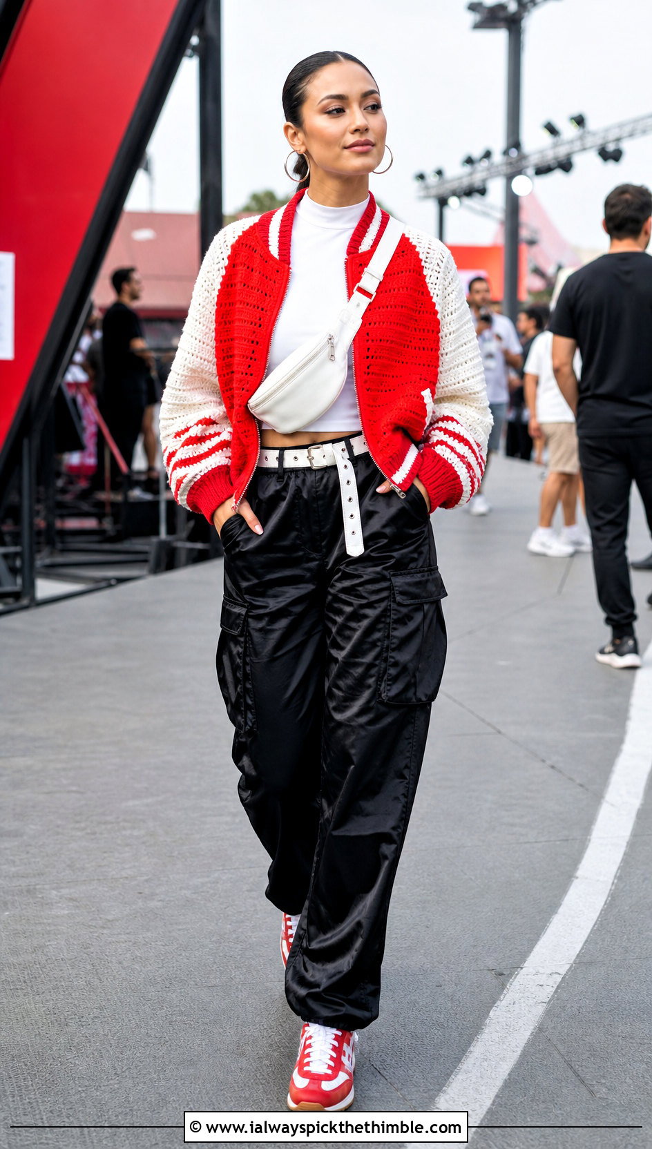 Red And White Crochet Bomber Jacket With Cargo Pants - 15 Red And White Crochet Holiday Outfit ideas