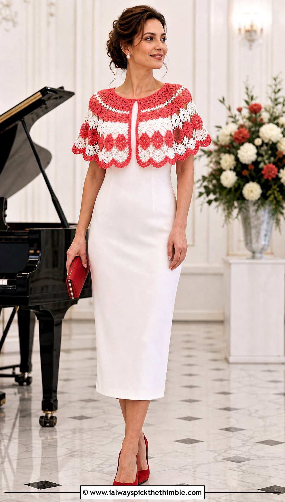Red And White Crochet Capelet With Column Dress - 15 Red And White Crochet Holiday Outfit ideas