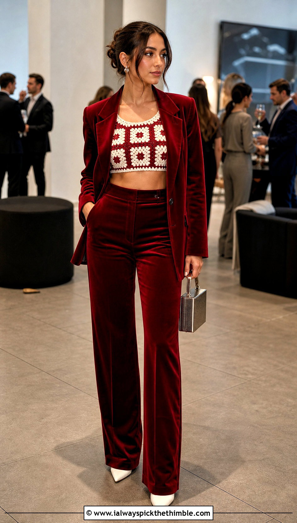 Red And White Crochet Crop Top With Velvet Suit - 15 Red And White Crochet Holiday Outfit ideas