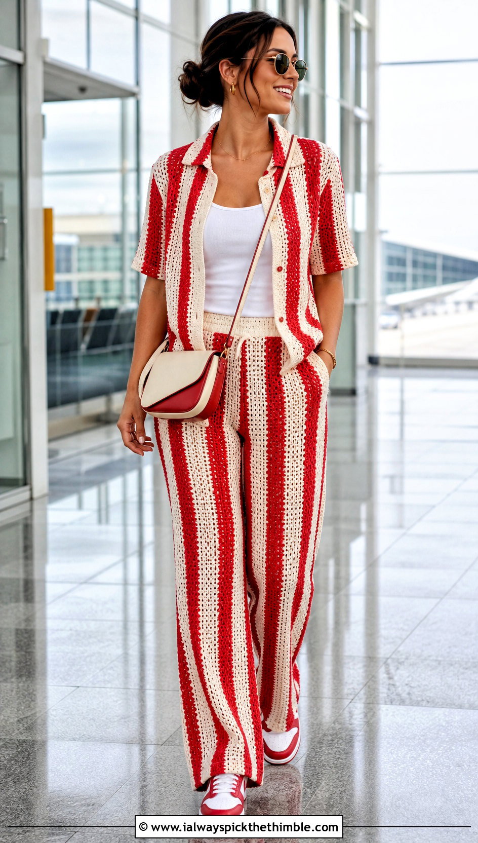 Red And White Crochet Pants Set With Sneakers - 15 Red And White Crochet Holiday Outfit ideas