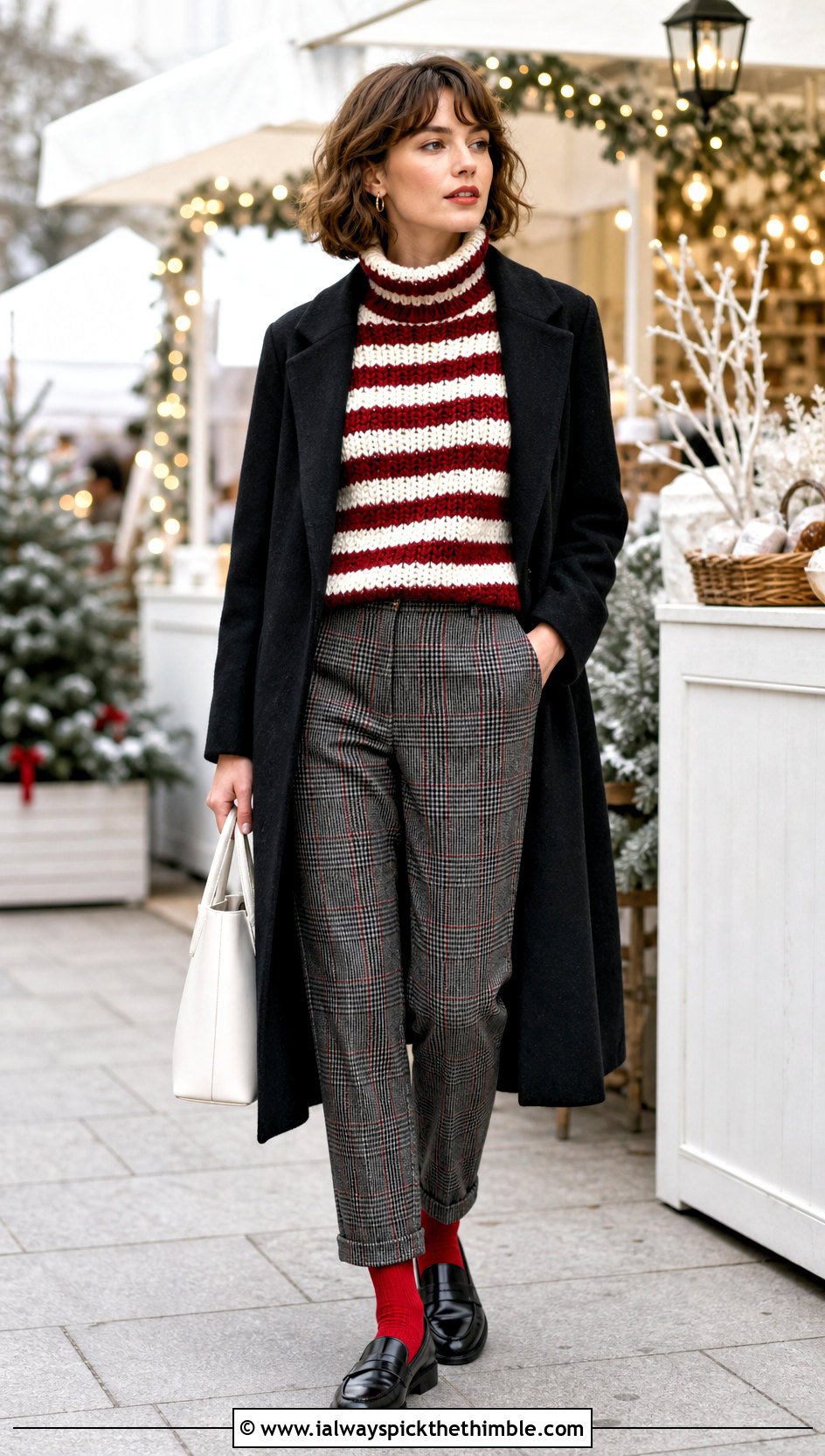Red And White Crochet Turtleneck With Plaid Trousers - 15 Red And White Crochet Holiday Outfit ideas