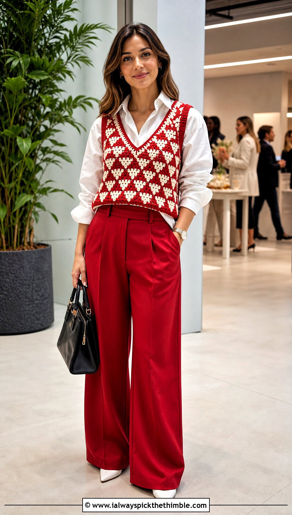 Red And White Crochet Vest With Tailored Trousers - 15 Red And White Crochet Holiday Outfit ideas
