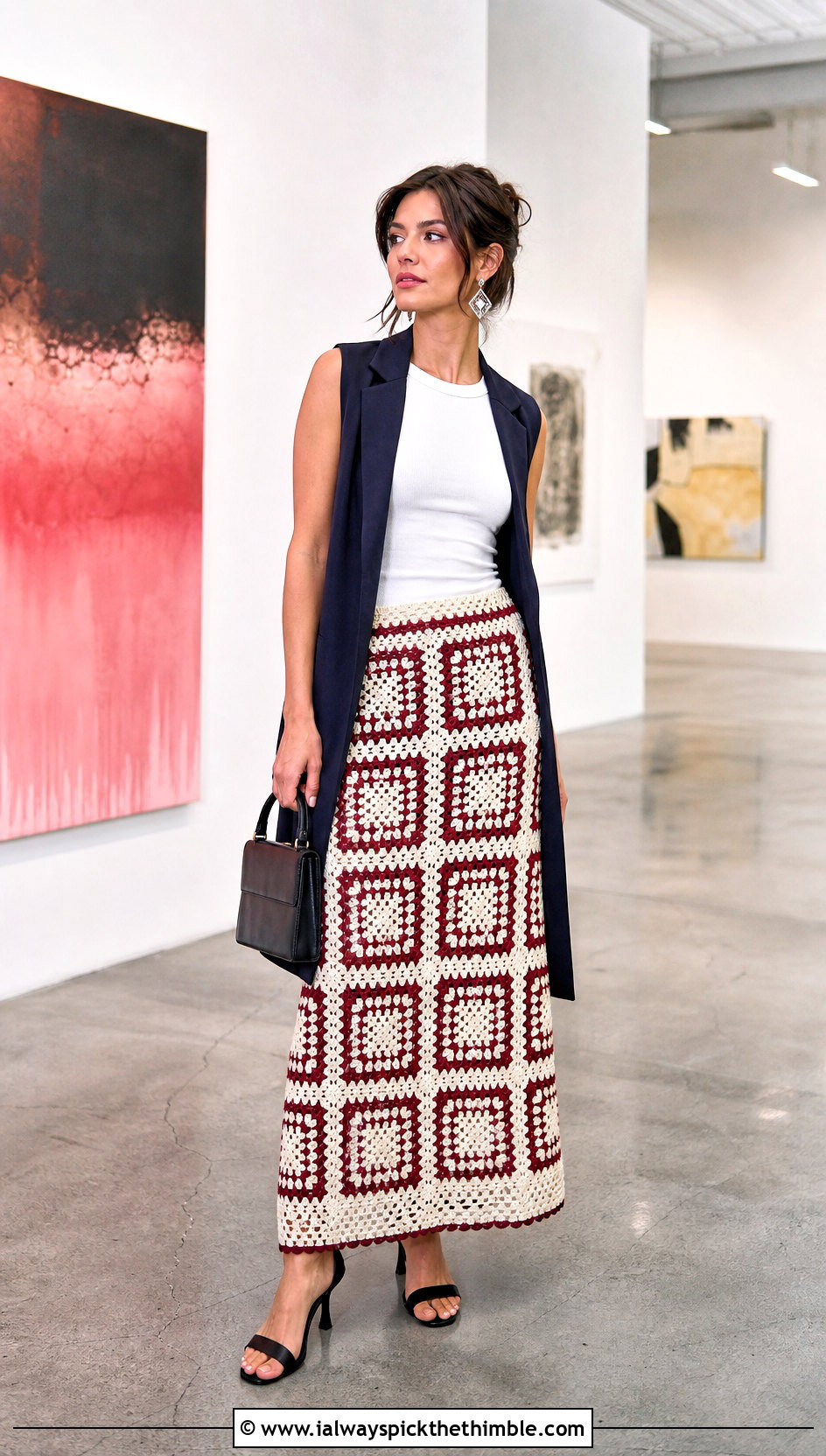 Red And White Filet Crochet Maxi Skirt With Long Vest - 20 red and white crochet skirt outfit ideas