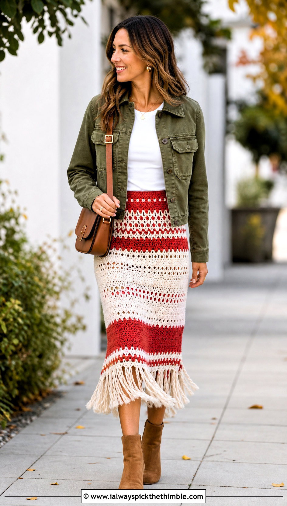 Red And White Fringe Hem Crochet Midi Skirt With Utility Jacket - 20 red and white crochet skirt outfit ideas