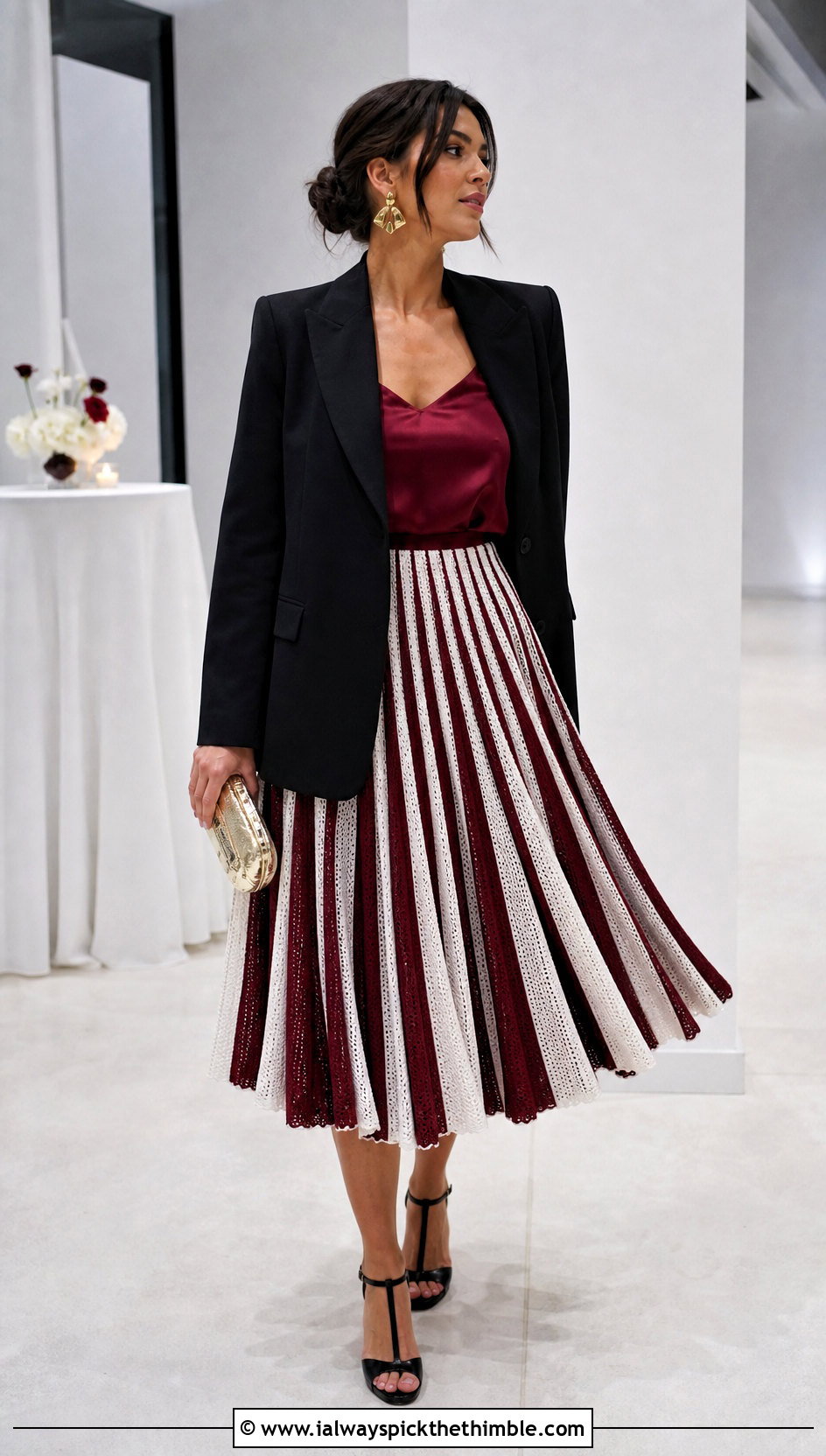 Red And White Pleated Crochet Midi Skirt With Satin Camisole - 20 red and white crochet skirt outfit ideas