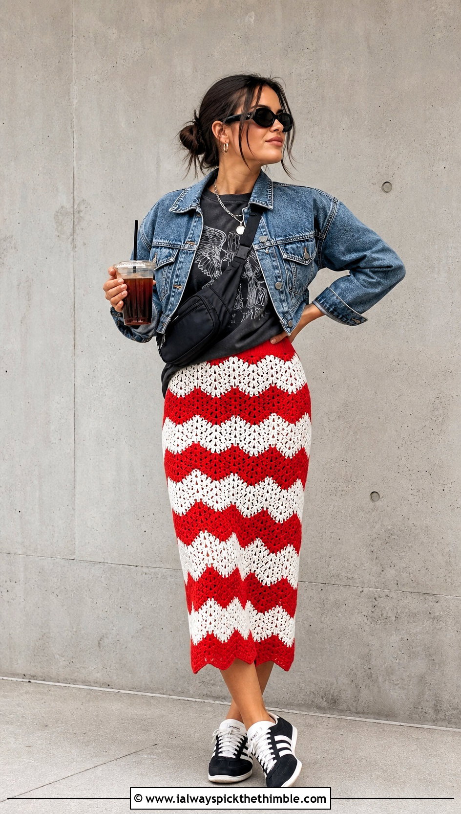 Red And White Ripple Stitch Midi Crochet Skirt With Graphic Tee - 20 red and white crochet skirt outfit ideas