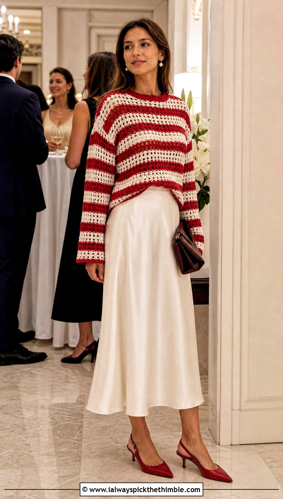 Red And White Striped Crochet Sweater With Satin Skirt - 15 Red And White Crochet Holiday Outfit ideas
