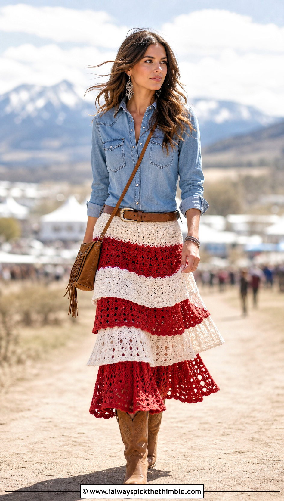 Red And White Tiered Crochet Maxi Skirt With Western Shirt - 20 red and white crochet skirt outfit ideas