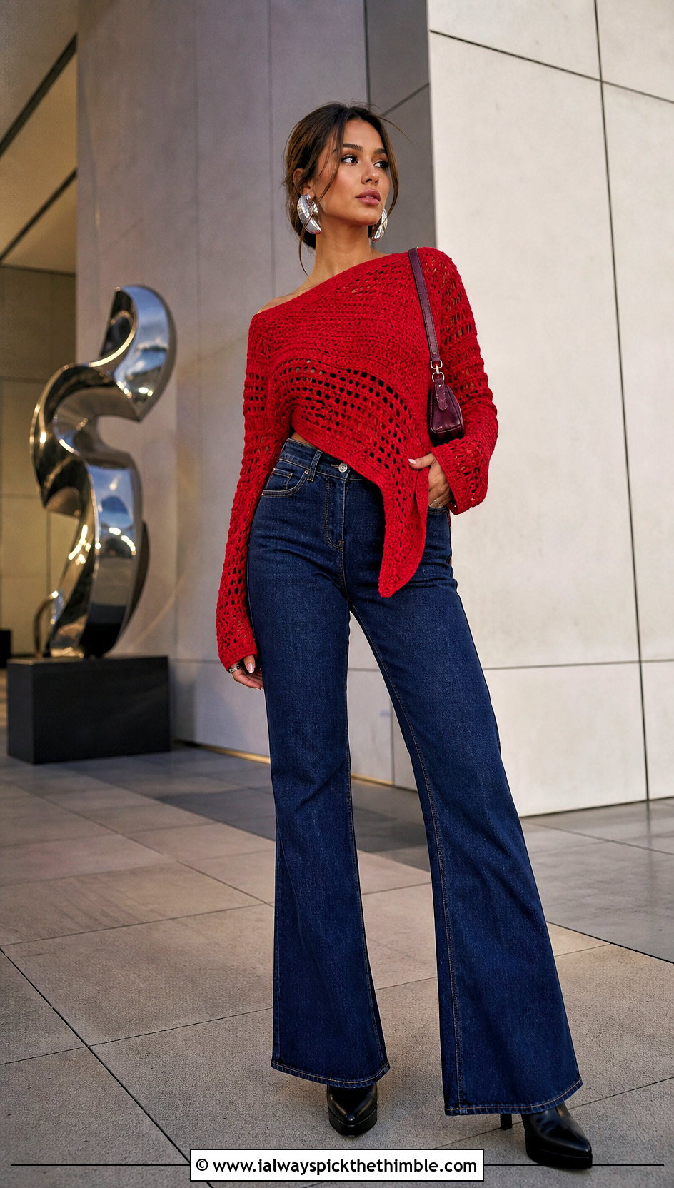 Red Asymmetrical Crochet Sweater With Dark Flare Jeans - 25 red crochet sweater outfit ideas