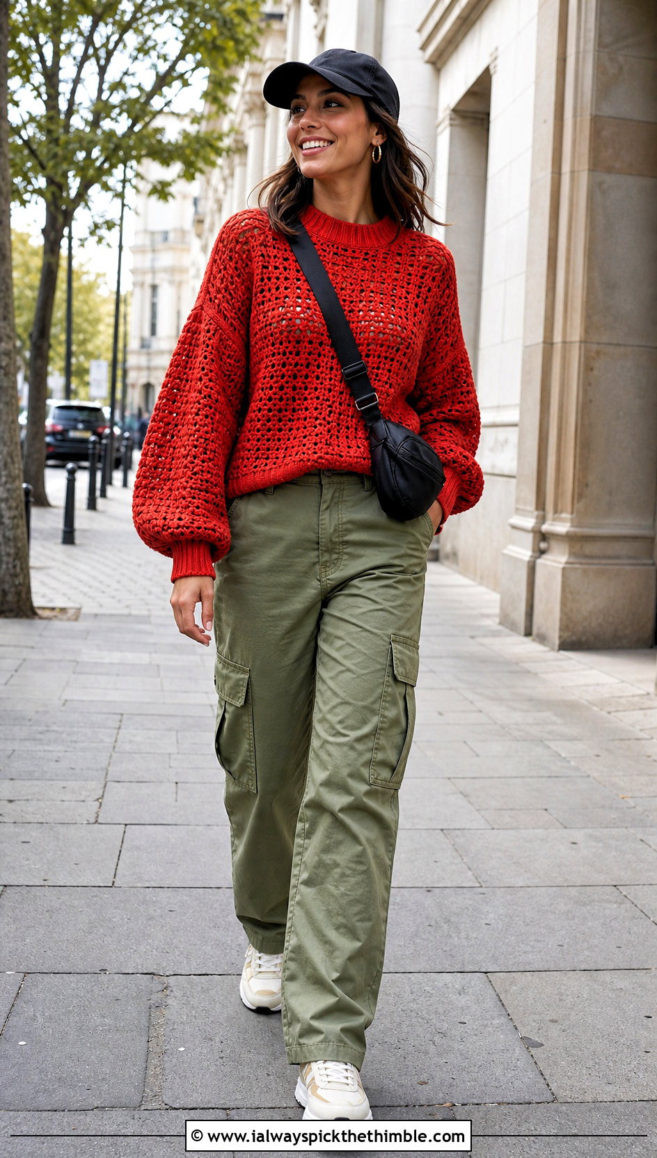 Red Balloon Sleeve Crochet Sweater With Cargo Pants - 15 Red Crochet Sweater On Hanger outfit ideas