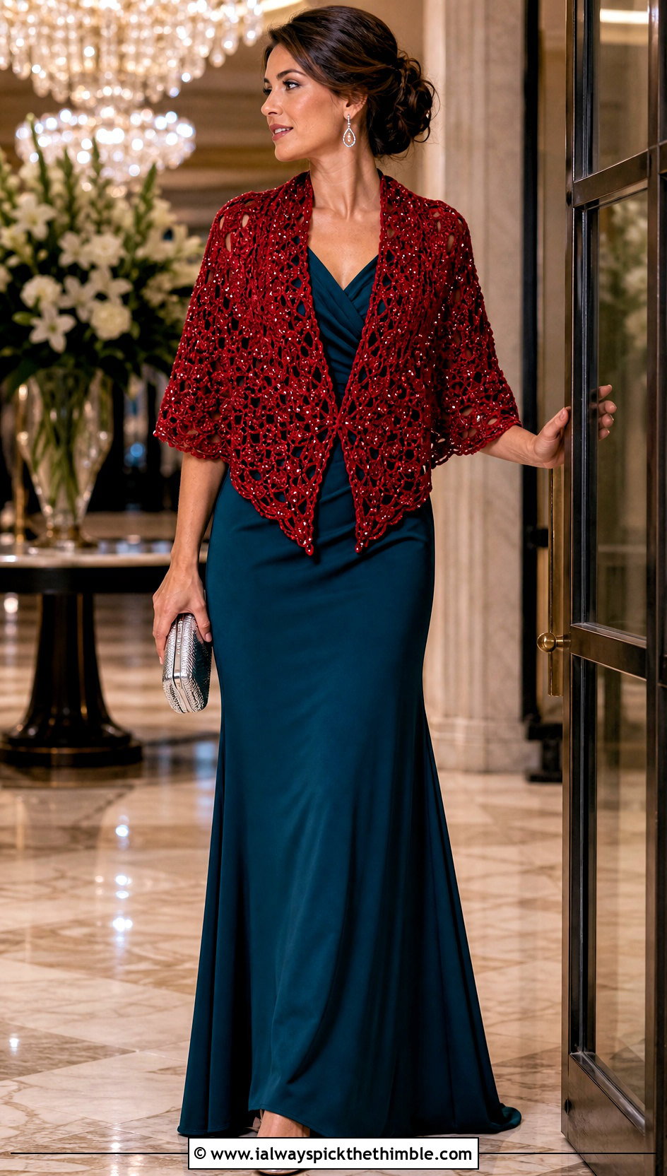 Red Beaded Shawlette With Evening Gown - 15 Red Crocheted Shawl On Hanger outfit ideas