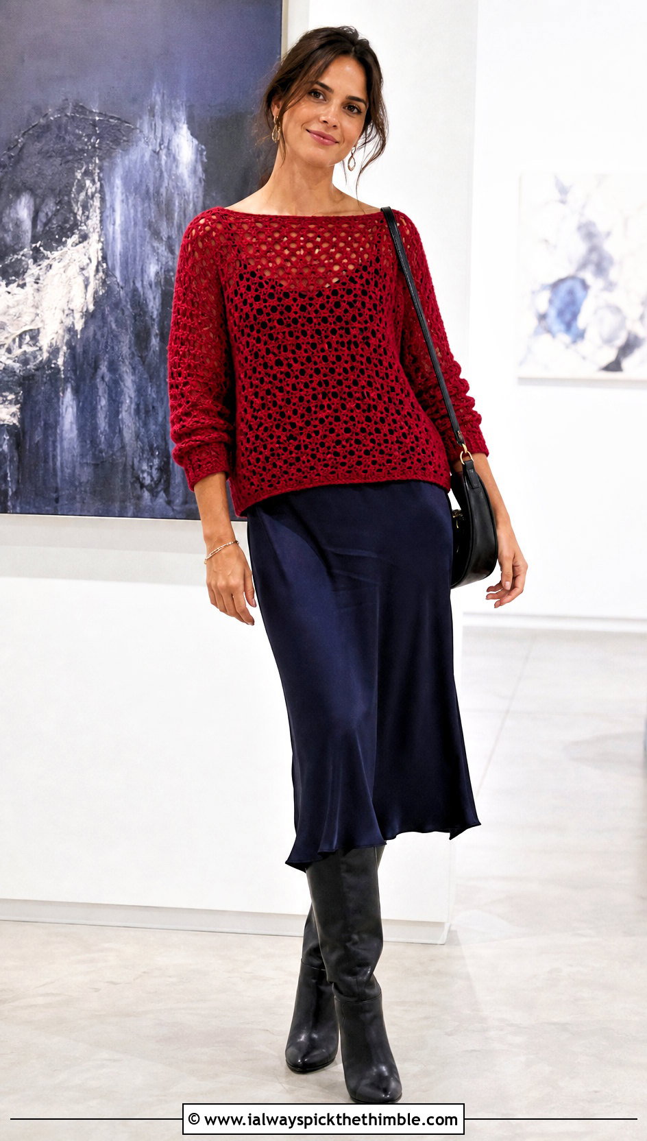 Red Boatneck Crochet Sweater Over A Slip Dress - 15 Red Crochet Sweater On Hanger outfit ideas