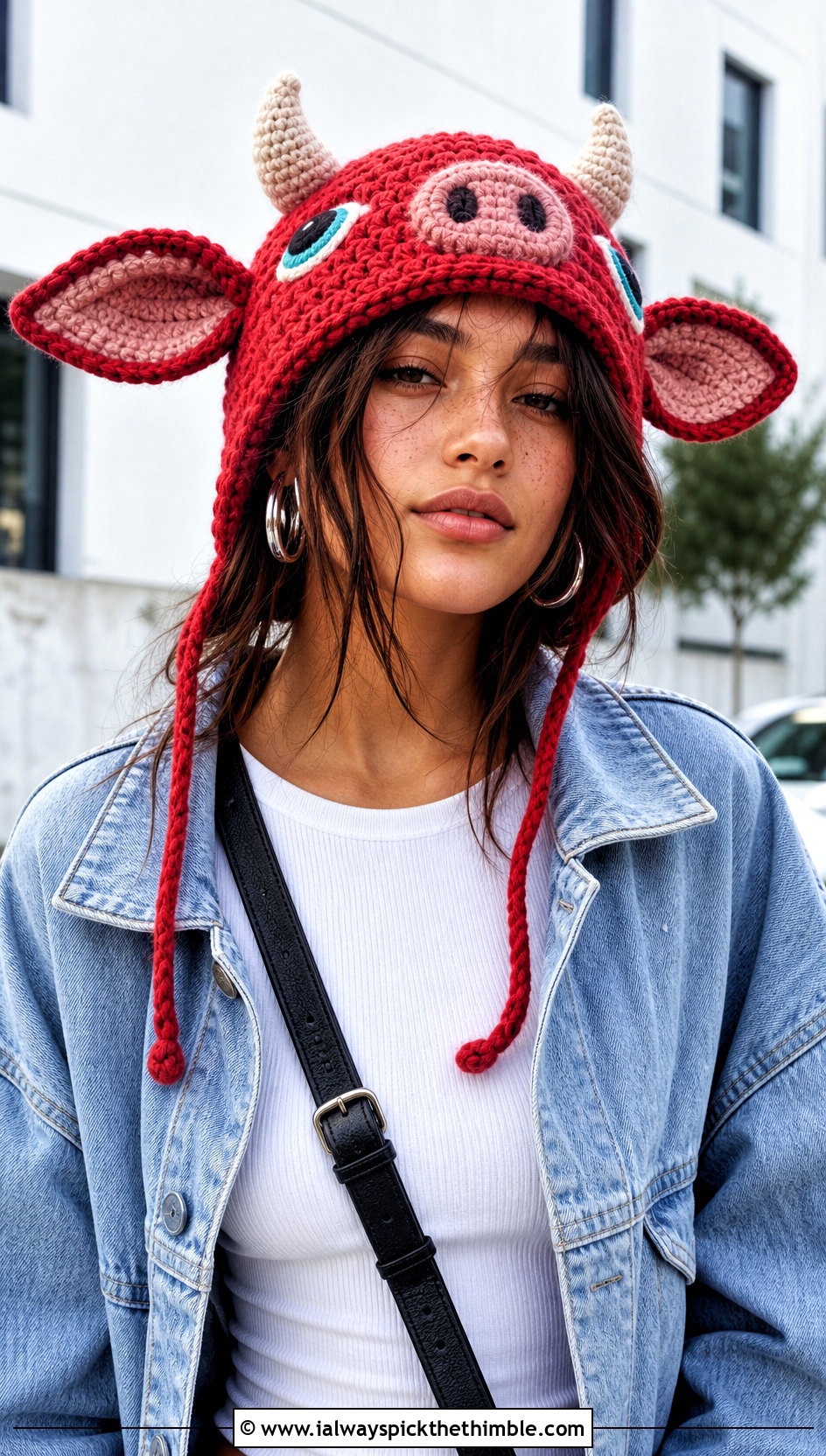 Red Bokoblin Earflap Crochet Hat With Denim Jacket - 15 Bokoblin Crochet Hat outfit ideas