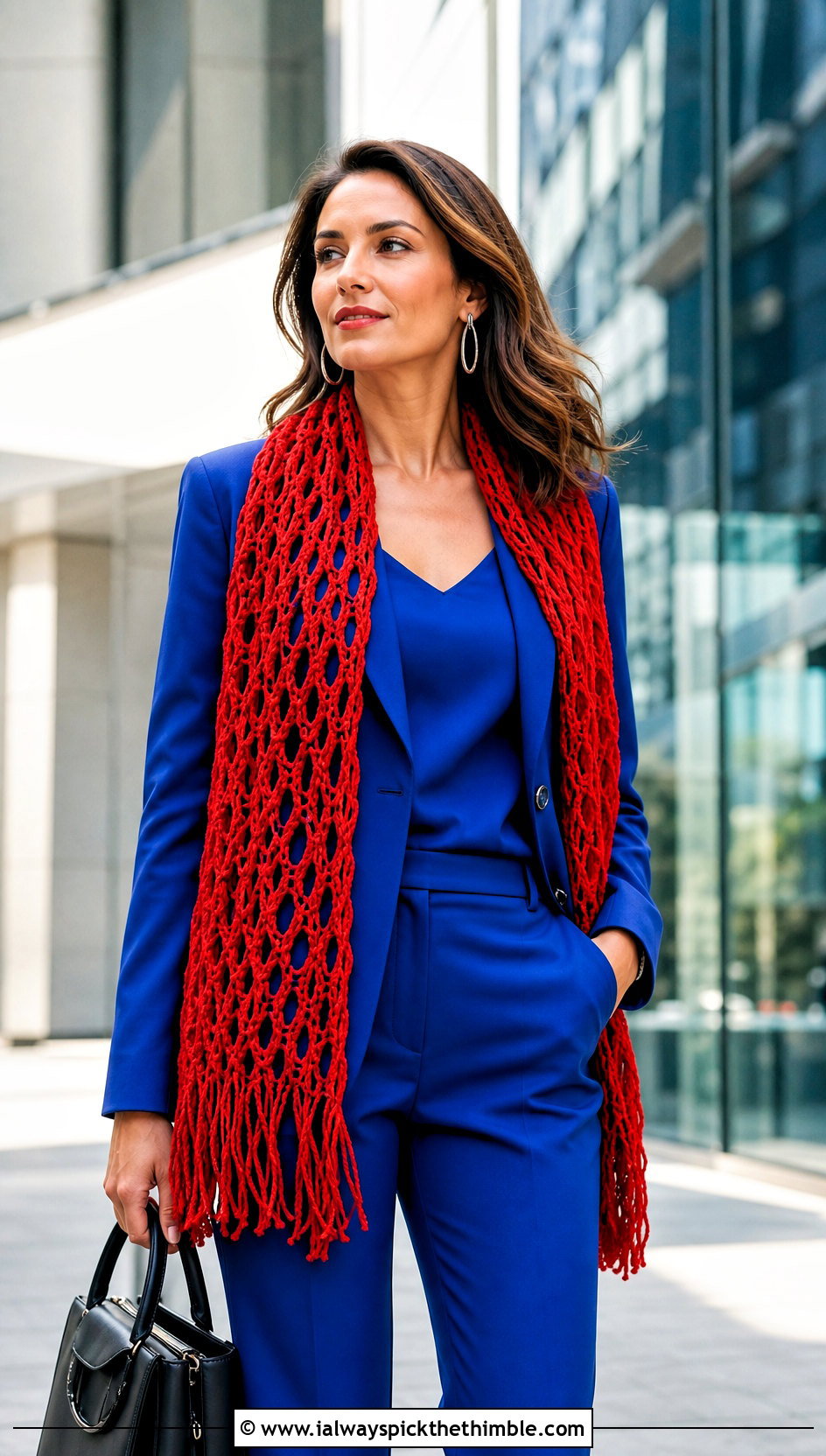 Red Broomstick Lace Stole With Monochrome Suit - 15 Red Crocheted Shawl On Hanger outfit ideas
