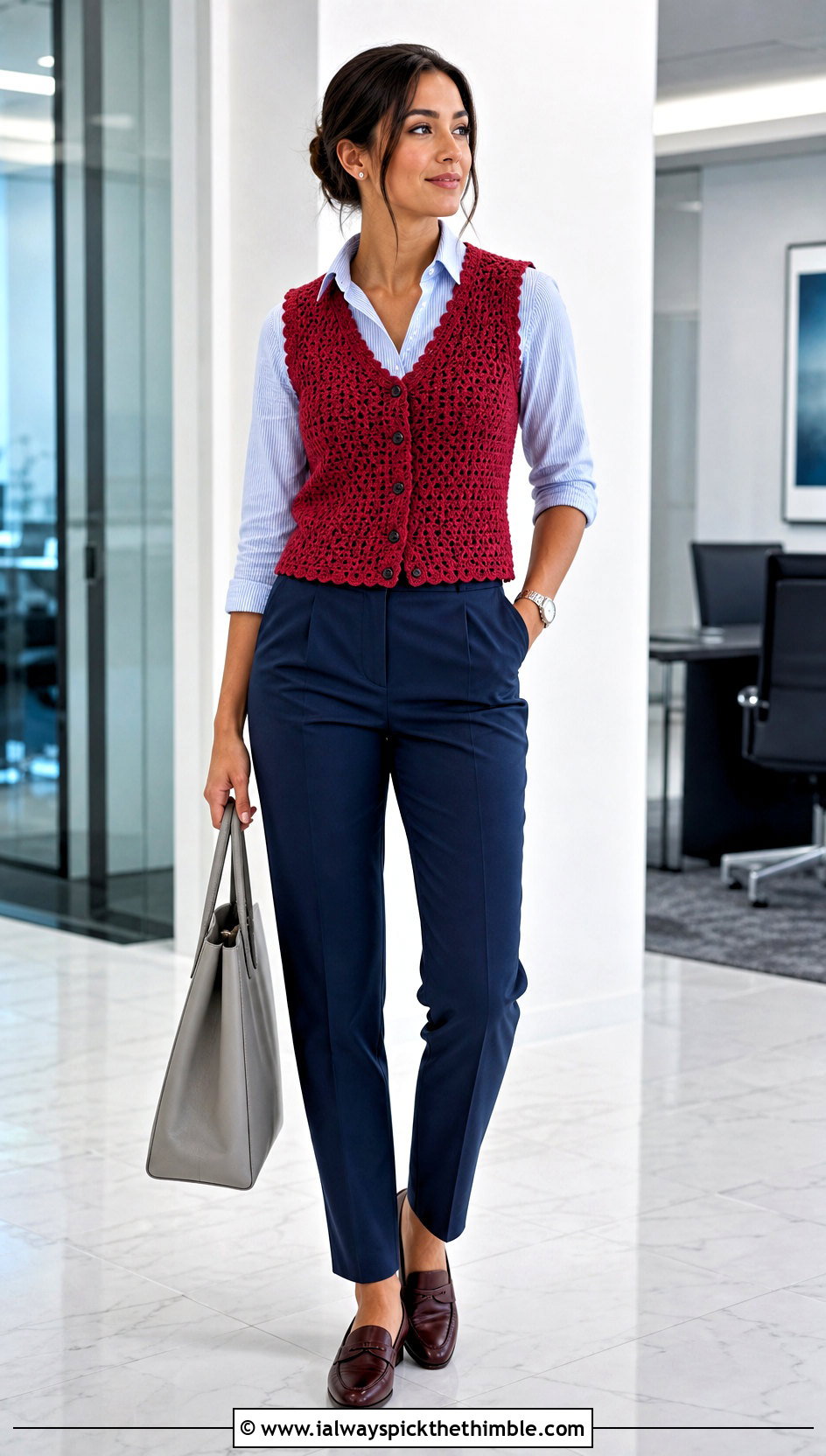 Red Button Front Sweater Vest With Navy Work Pants - 15 red crocheted sweater vest outfit ideas