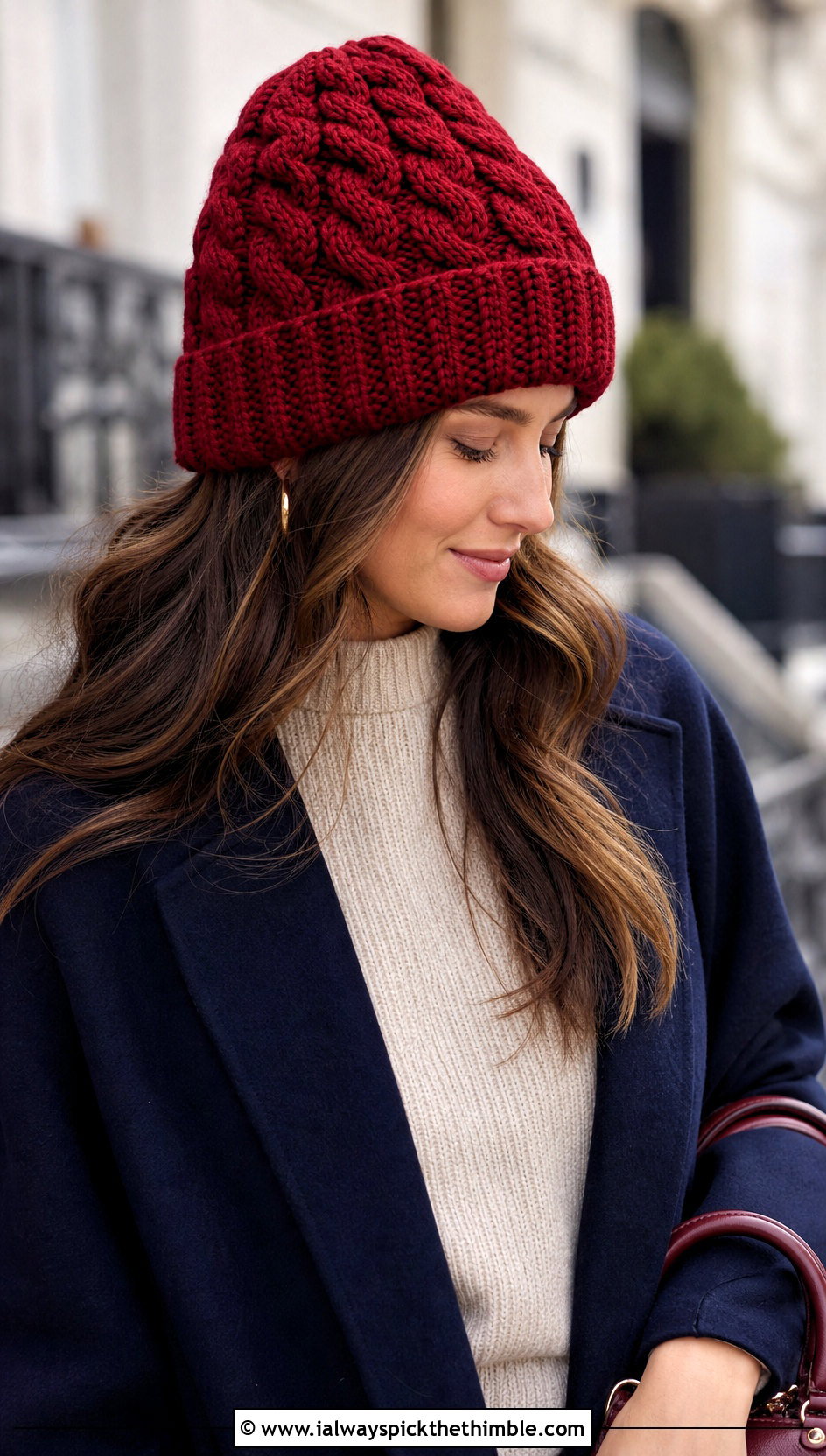 Red Cable Crochet Beanie With Sweater Dress - 25 red crochet hat outfit ideas