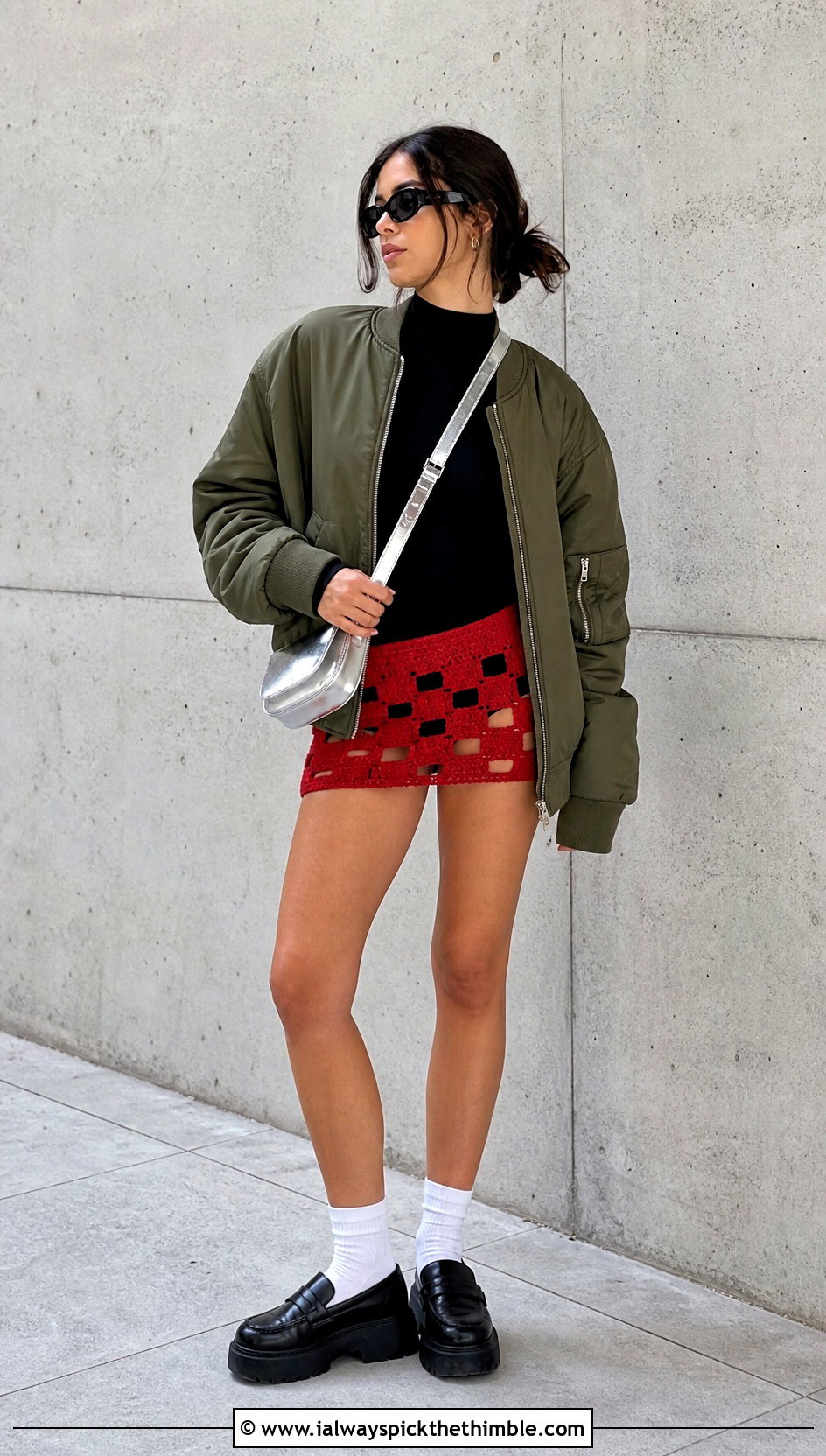 Red Checkerboard Mini Crochet Skirt With Bomber Jacket - 15 red crochet skirt outfit ideas