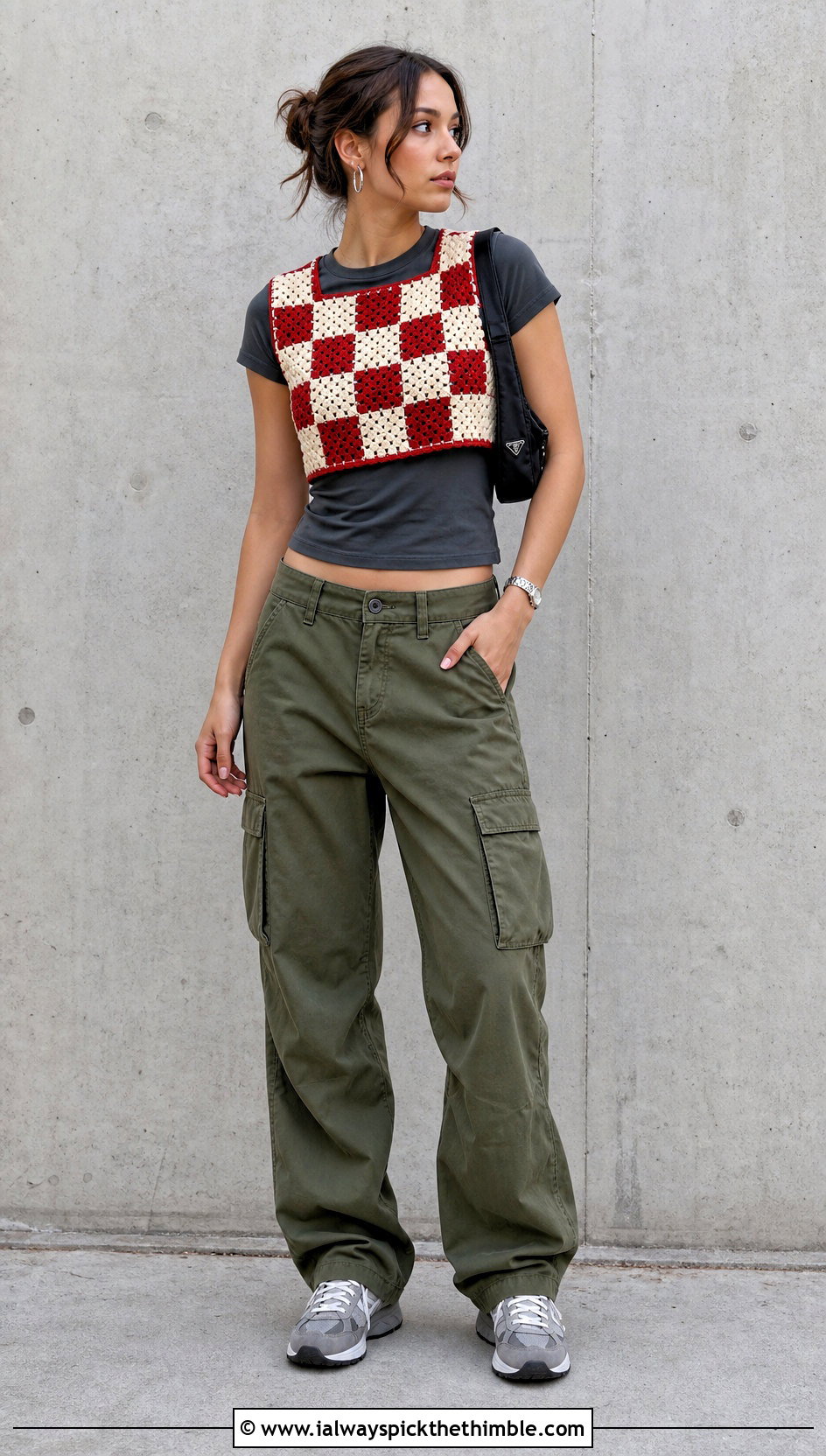 Red Checkerboard Sweater Vest With Cargo Pants - 15 red crocheted sweater vest outfit ideas