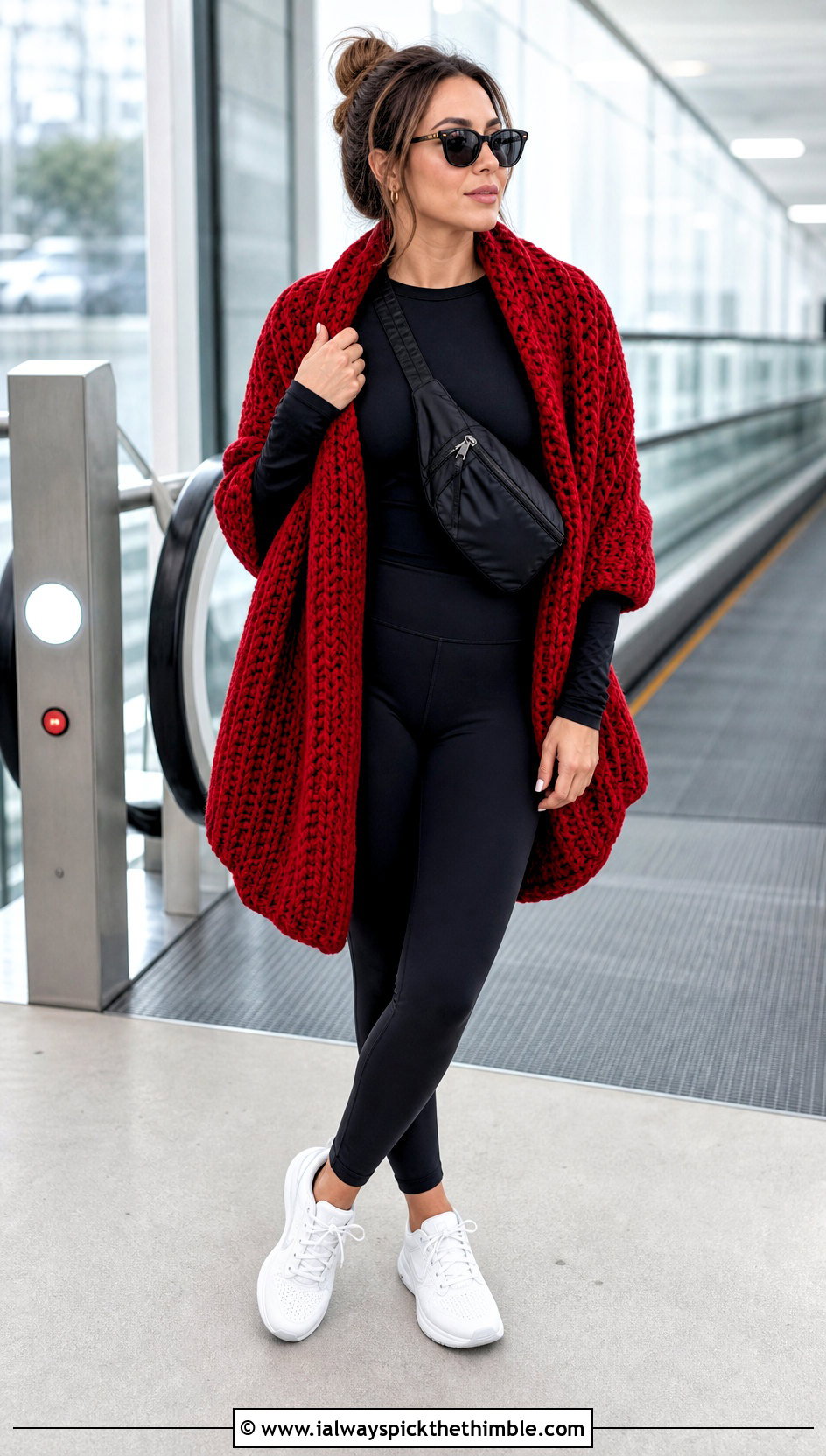Red Chunky Blanket Shawl With Leggings And Sneakers - 15 Red Crocheted Shawl On Hanger outfit ideas