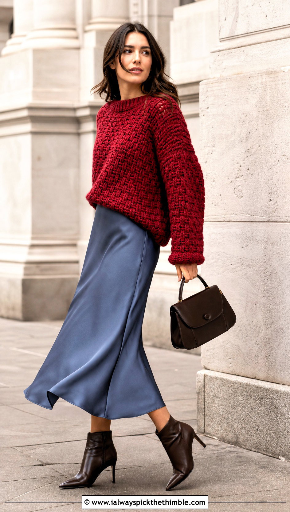 Red Chunky Fisherman Crochet Sweater With Bias Cut Skirt - 25 red crochet sweater outfit ideas