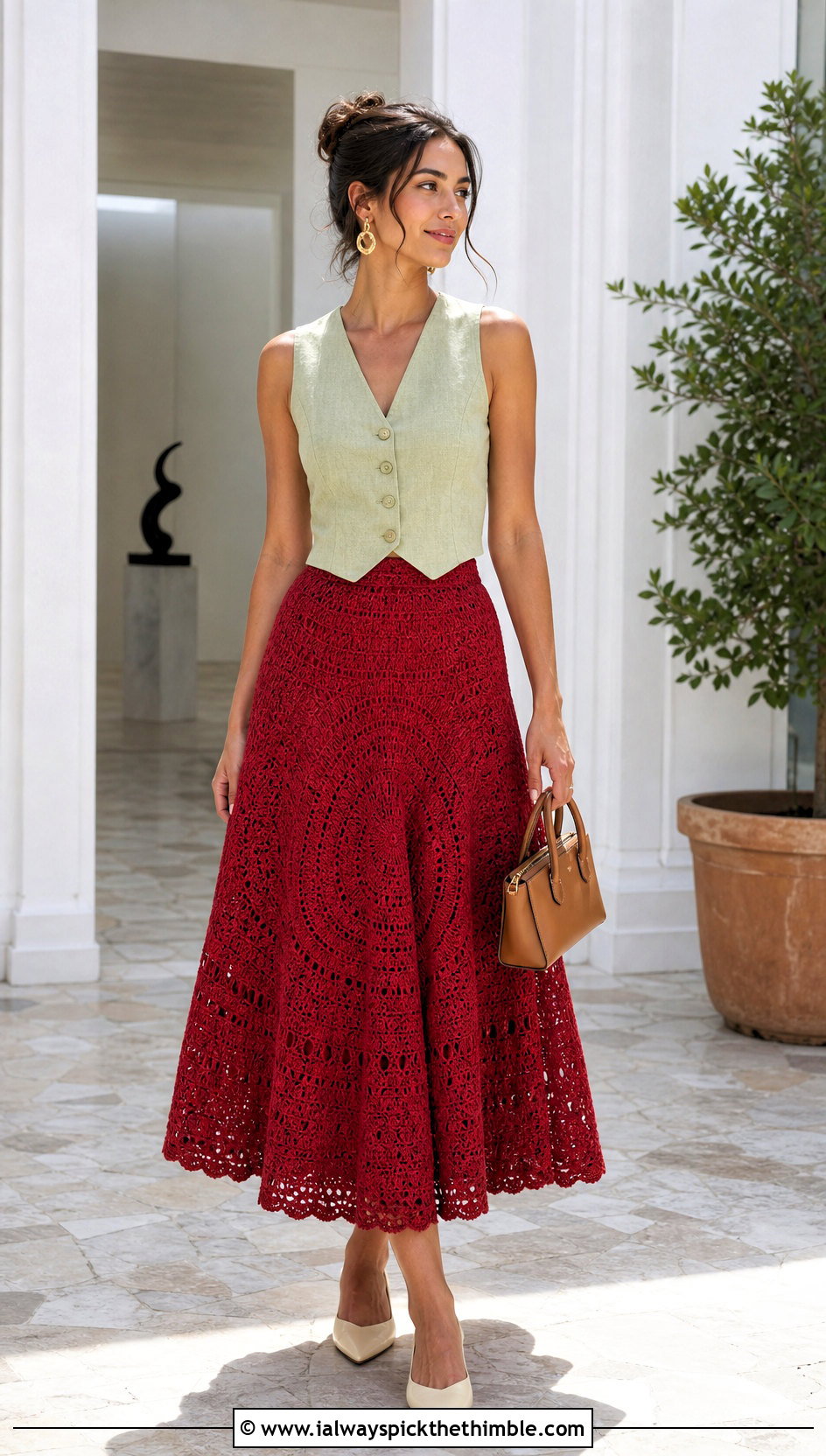 Red Circle Midi Crochet Skirt With Linen Vest - 15 red crochet skirt outfit ideas