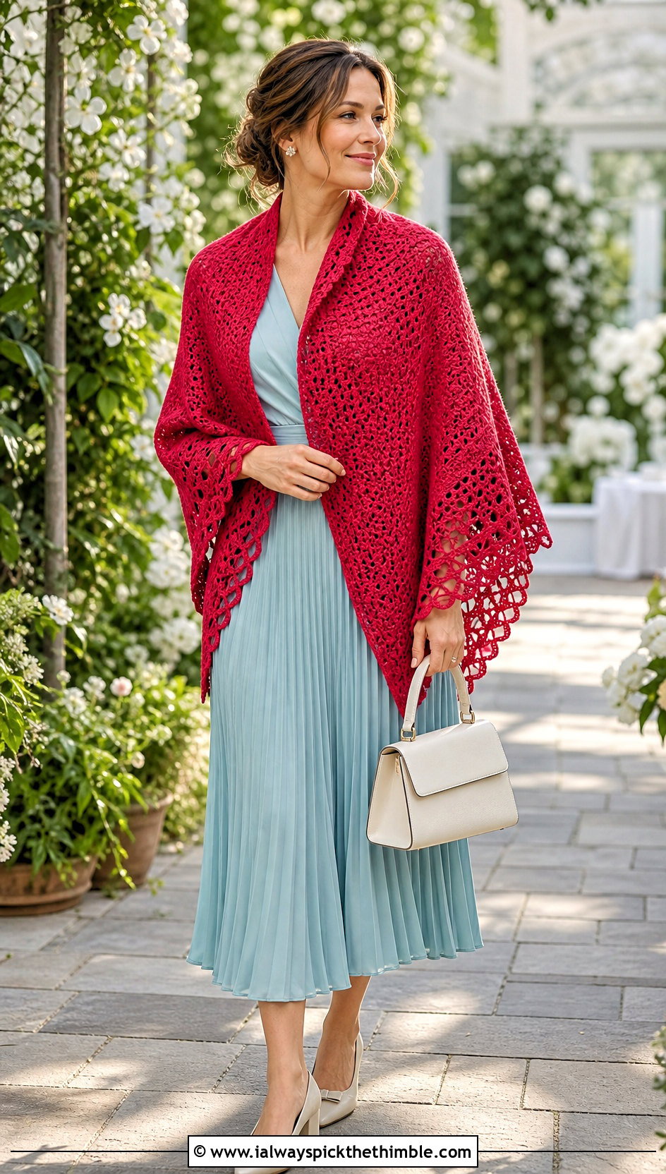 Red Circular Shawl With Pleated Midi Dress - 15 Red Crocheted Shawl On Hanger outfit ideas