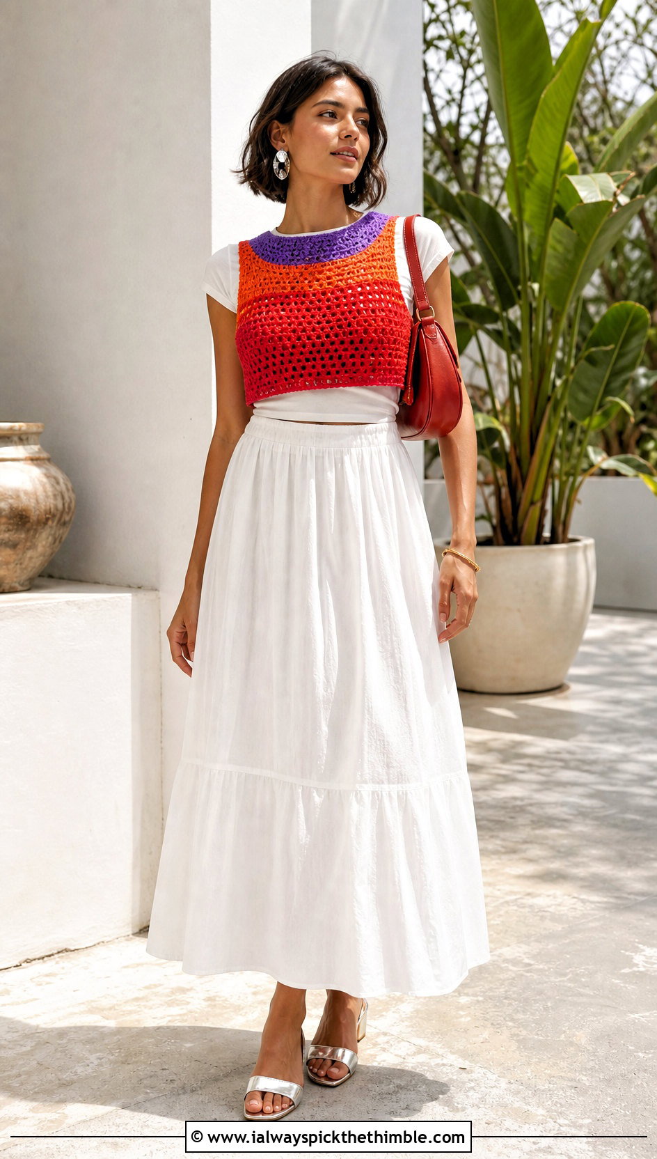 Red Color Block Sweater Vest With White Maxi Skirt - 15 red crocheted sweater vest outfit ideas