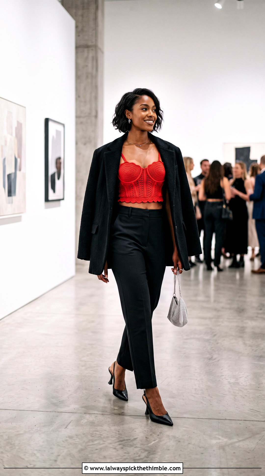 Red Corset Crochet Crop Top With Black Tailored Trousers - 20 Red Crochet Crop Top outfit ideas
