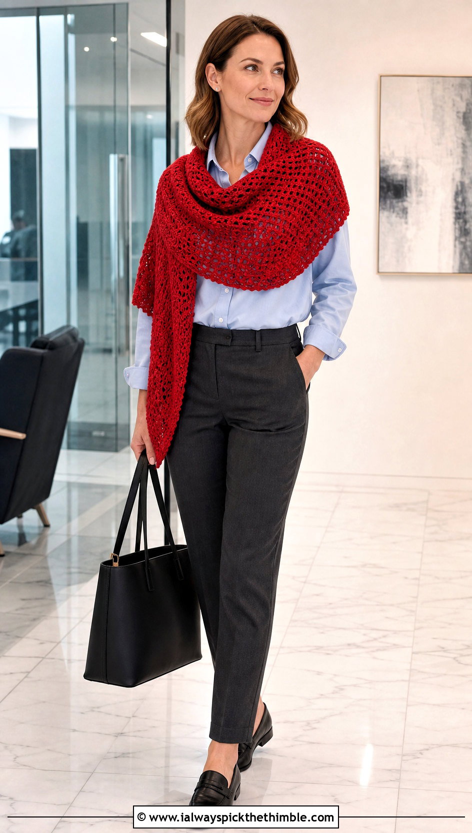 Red Crescent Shawl With Tailored Workwear - 15 Red Crocheted Shawl On Hanger outfit ideas
