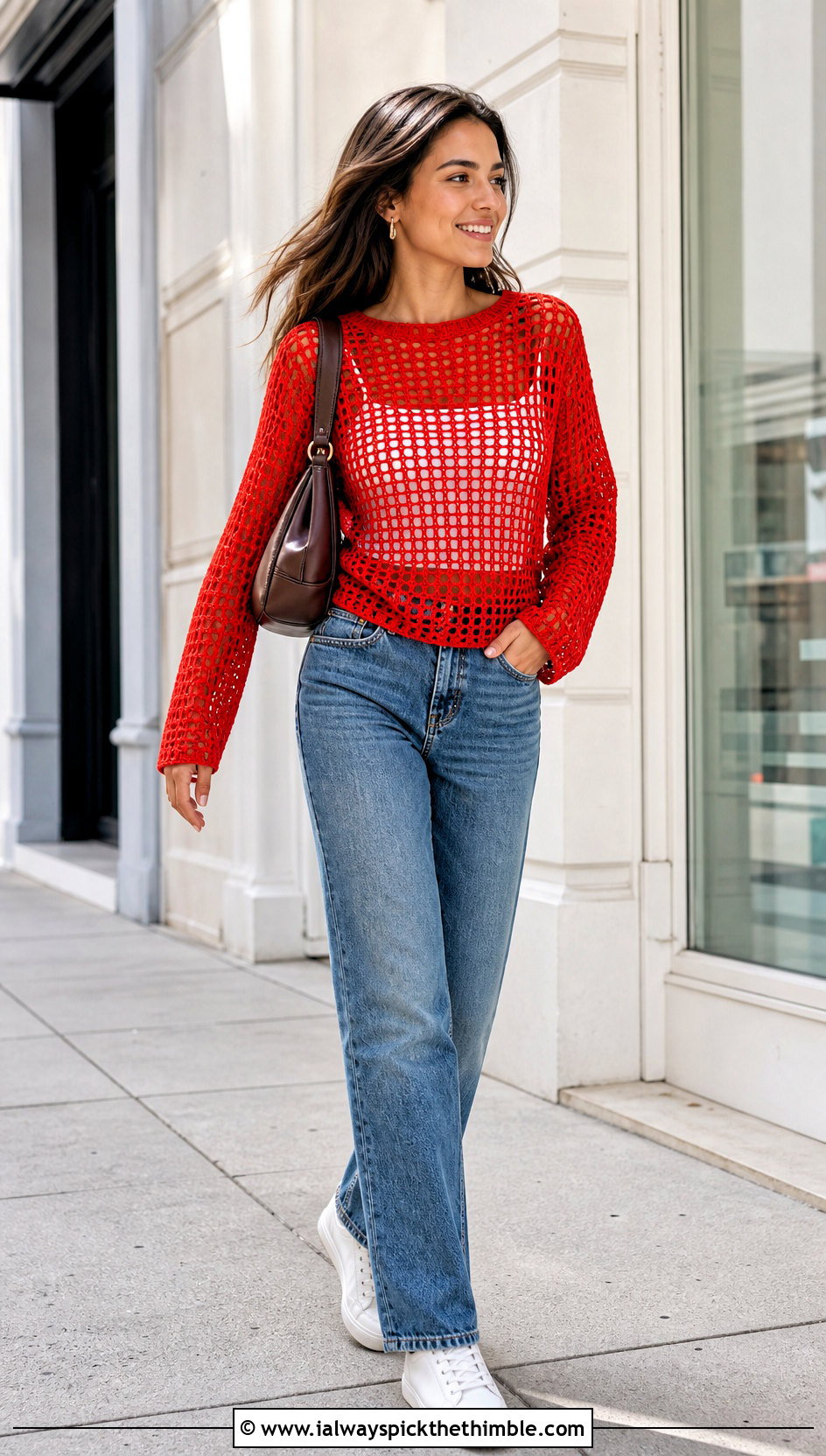 Red Crewneck Crochet Sweater With Straight Leg Jeans - 15 Red Crocheted Sweater Close-Up outfit ideas