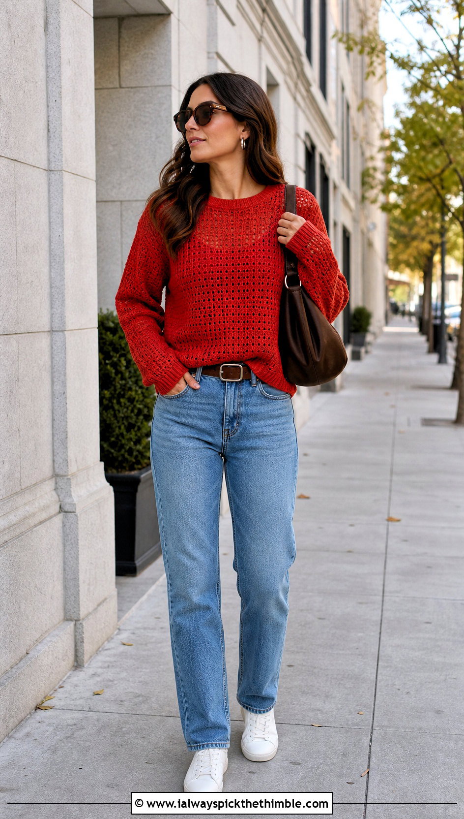 Red Crewneck Crochet Sweater With Straight Leg Jeans - 15 Red Crochet Sweater On Hanger outfit ideas