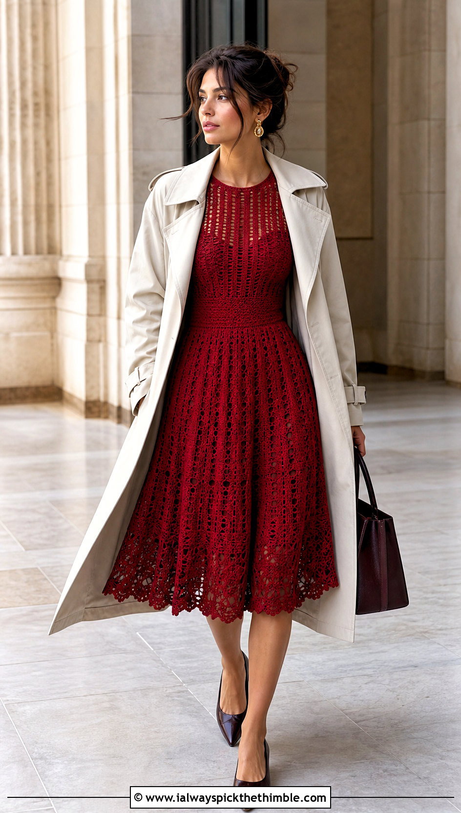 Red Crochet A Line Dress With Trench Coat - 15 Crochet Red Dress outfit ideas