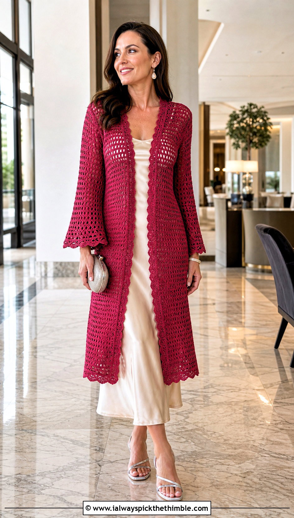 Red Crochet Bell Sleeve Cover Up With Satin Slip Dress - 20 red crochet cover up outfit ideas