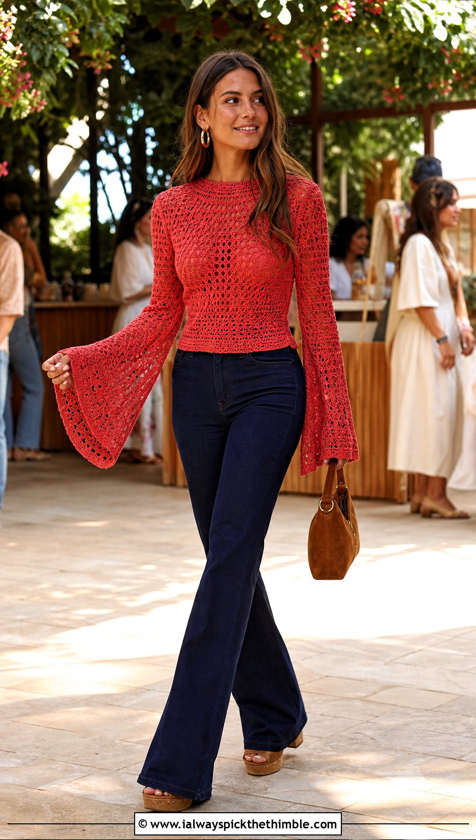 Red Crochet Bell Sleeve Top With Flared Jeans - 15 handmade red crochet top outfit ideas