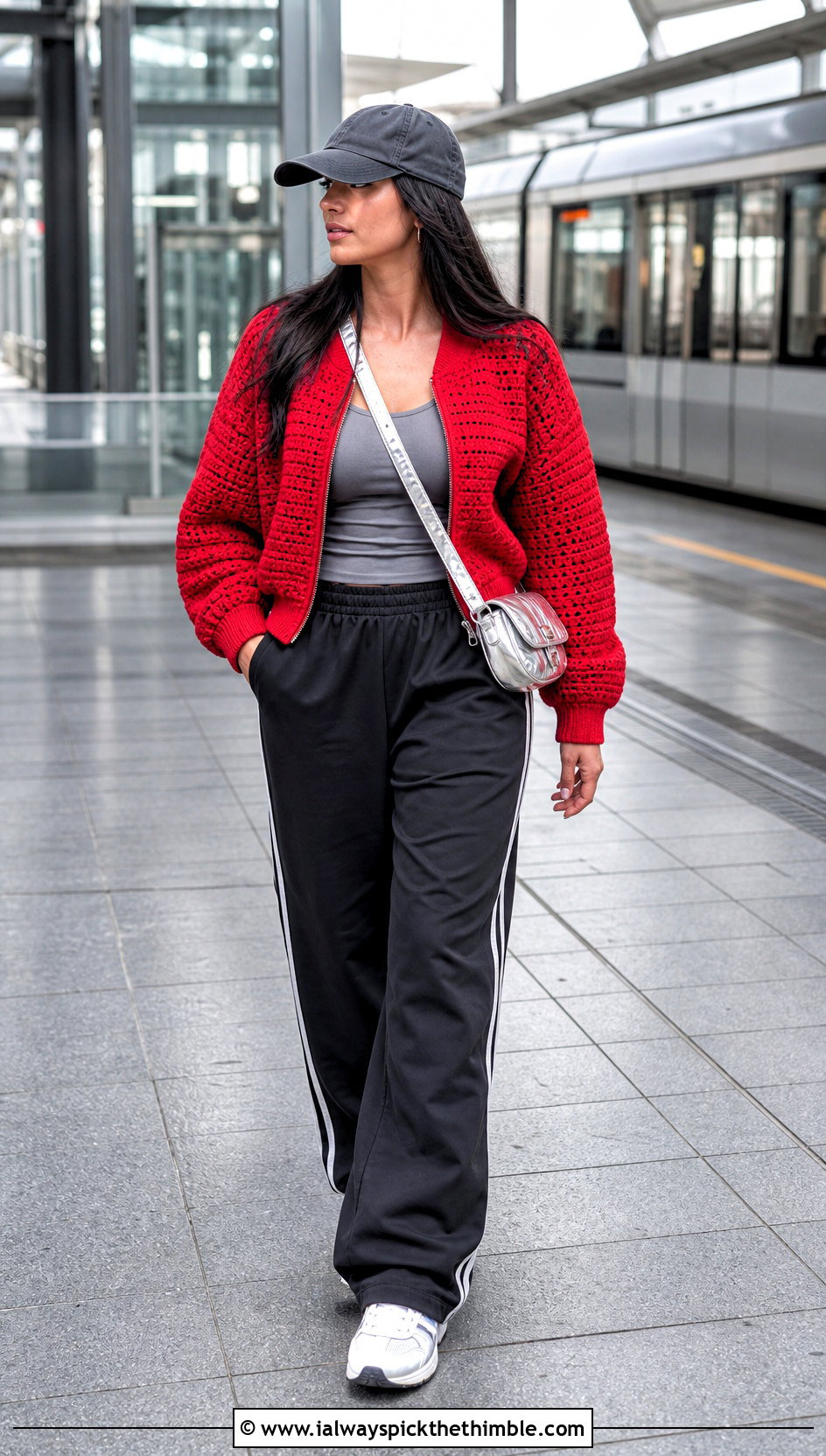 Red Crochet Bomber Jacket With Track Pants - 20 red crochet clothing and outfit ideas