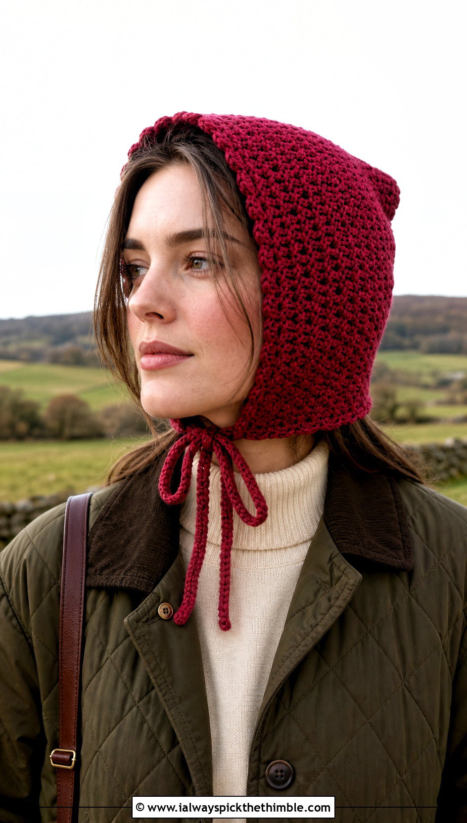 Red Crochet Bonnet With Quilted Jacket - 25 red crochet hat outfit ideas