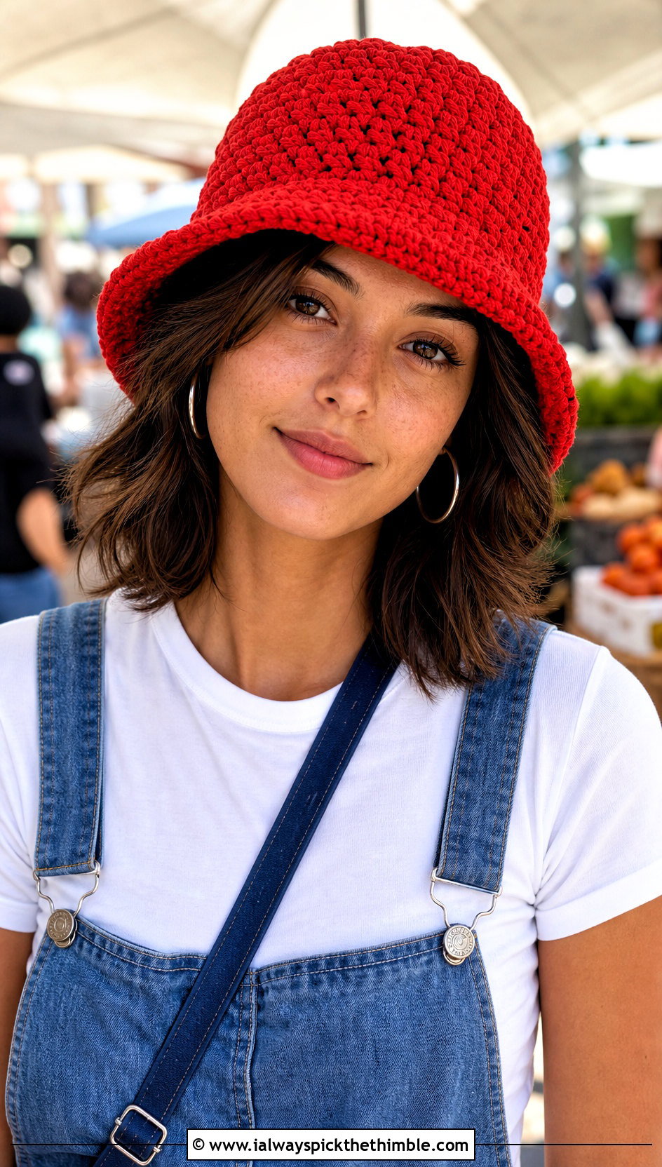 Red Crochet Bucket Hat With Denim Overalls - 25 red crochet hat outfit ideas