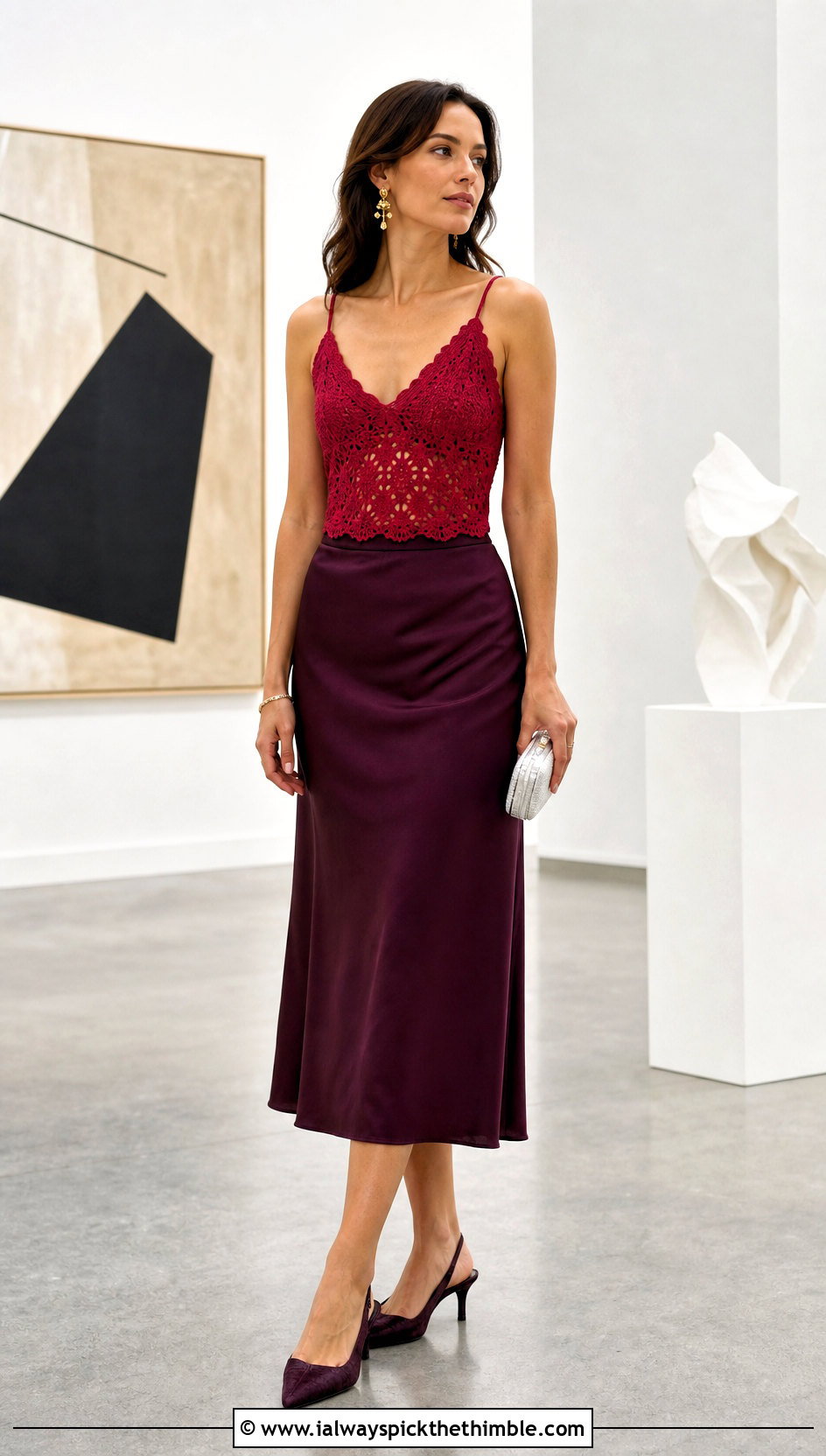 Red Crochet Camisole Top With Satin Skirt - 25 Red Crochet Top outfit ideas