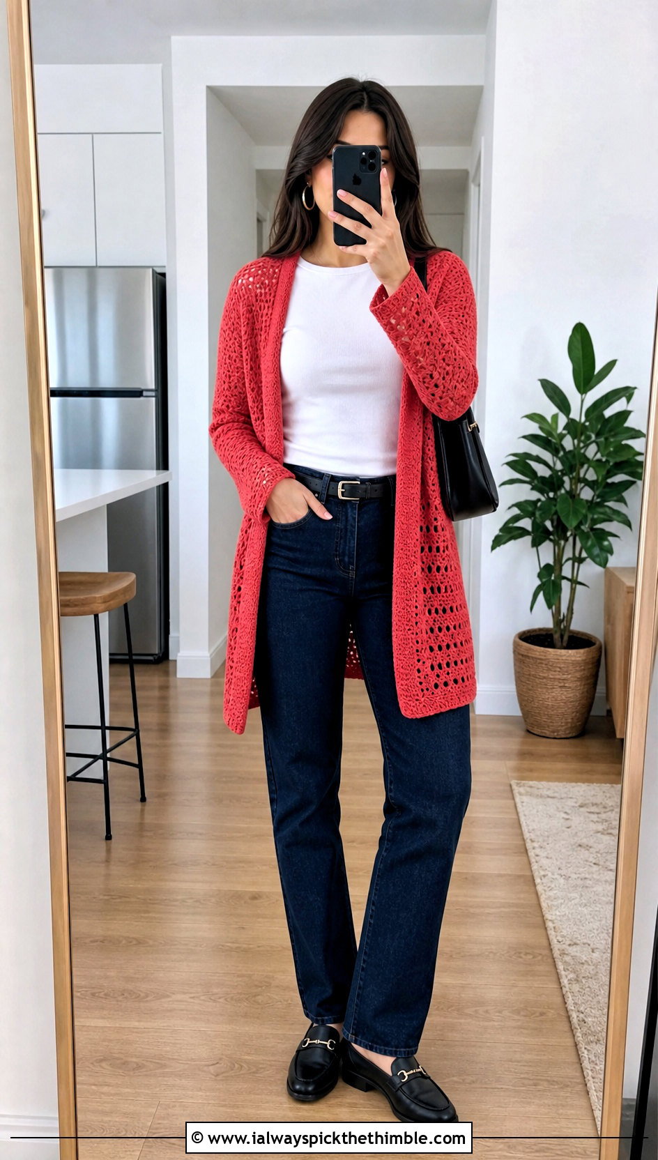 Red Crochet Cardigan Cover Up With Straight Leg Jeans - 20 red crochet cover up outfit ideas