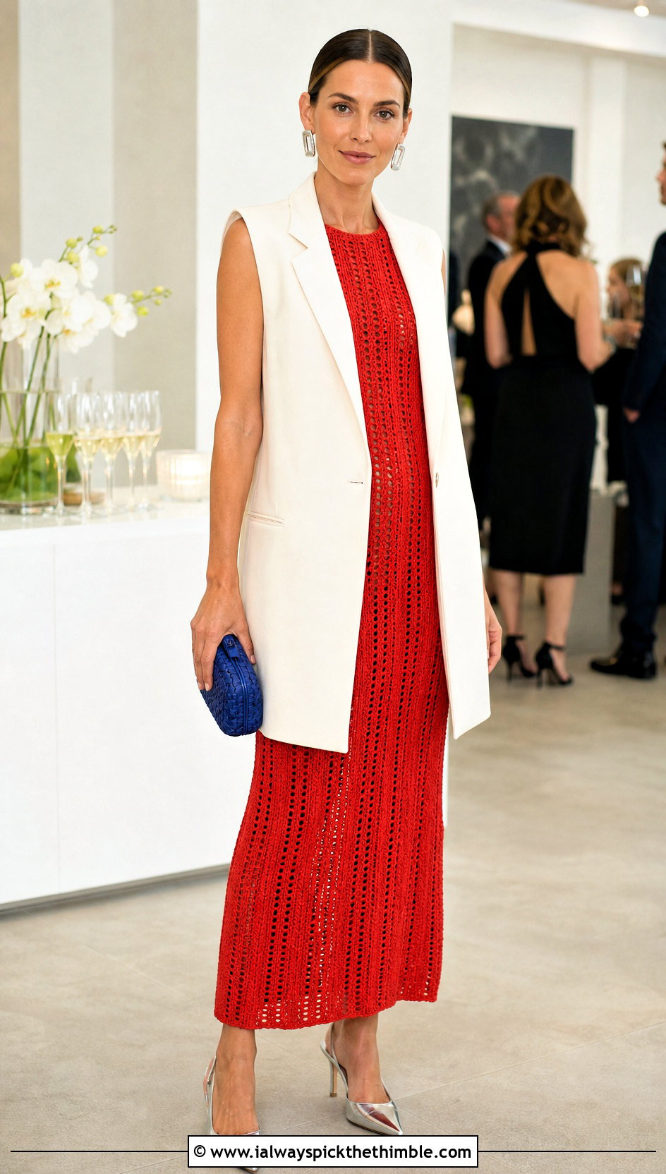 Red Crochet Column Dress With Blazer Vest - 15 Crochet Red Dress outfit ideas