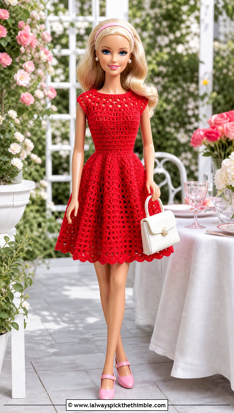Red Crochet Fit And Flare Dress With Pink Mary Janes - 15 crochet barbie dress red set outfit ideas
