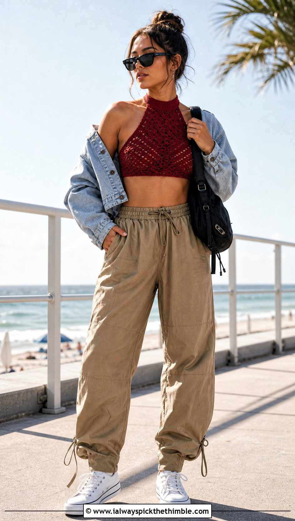Red Crochet High Neck Bikini With Utility Pants - 20 red crochet swimwear outfit ideas
