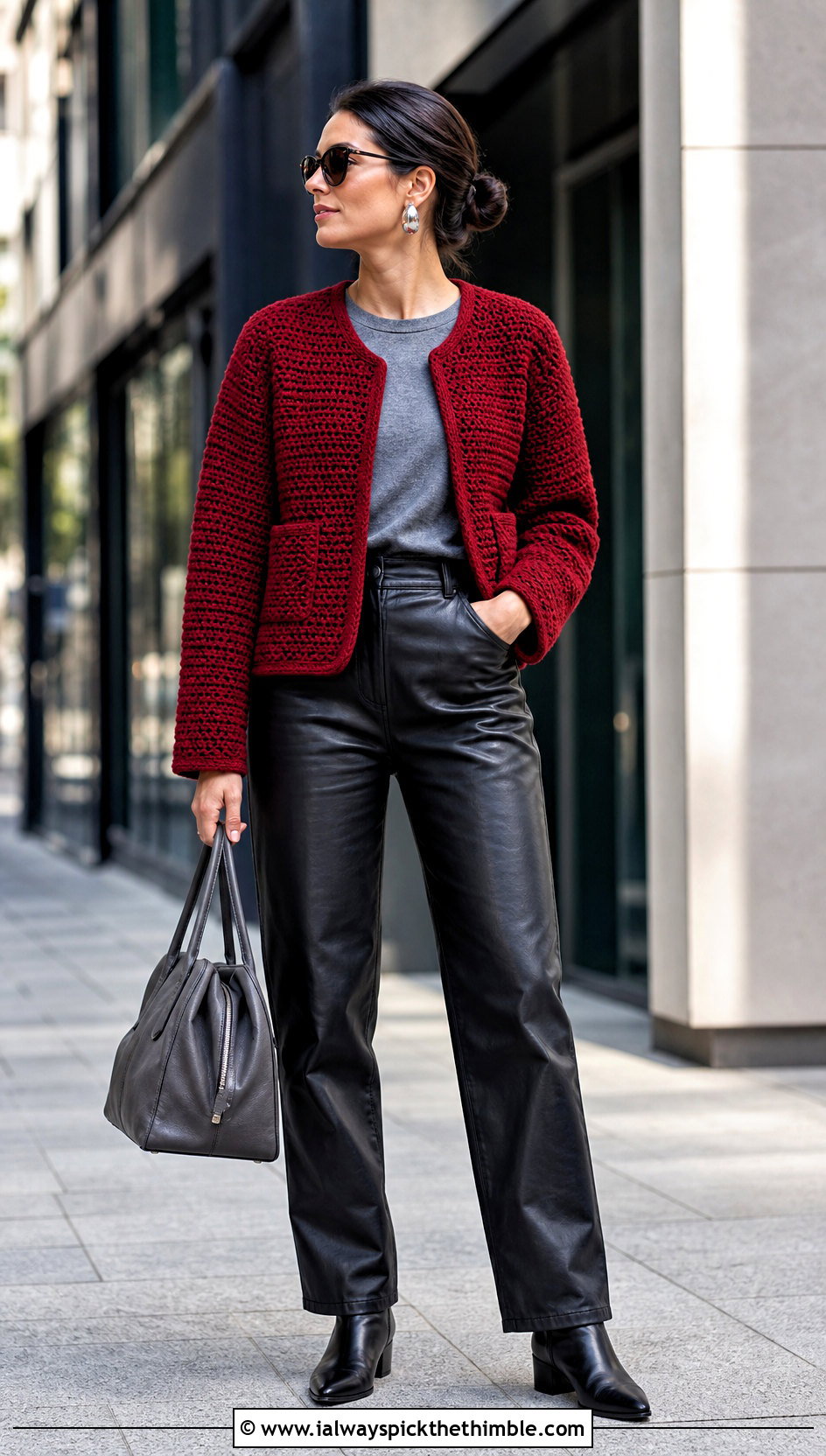 Red Crochet Jacket With Leather Trousers - 15 red crochet clothing design outfit ideas
