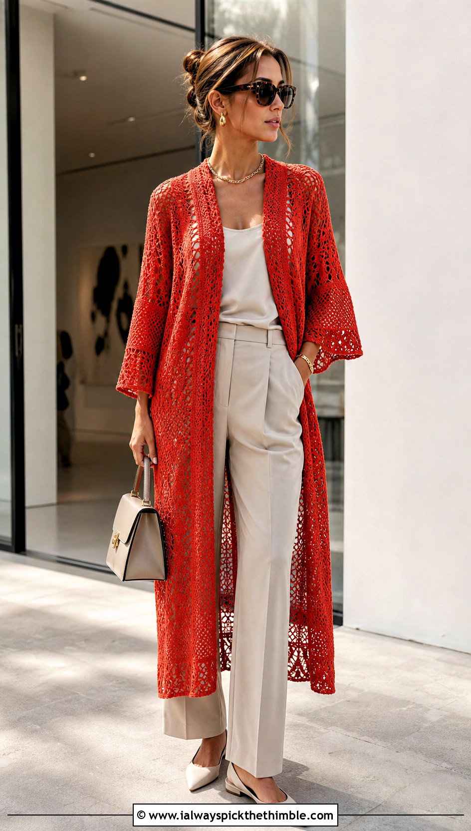 Red Crochet Kaftan Cover Up With Tailored Trousers - 20 red crochet cover up outfit ideas