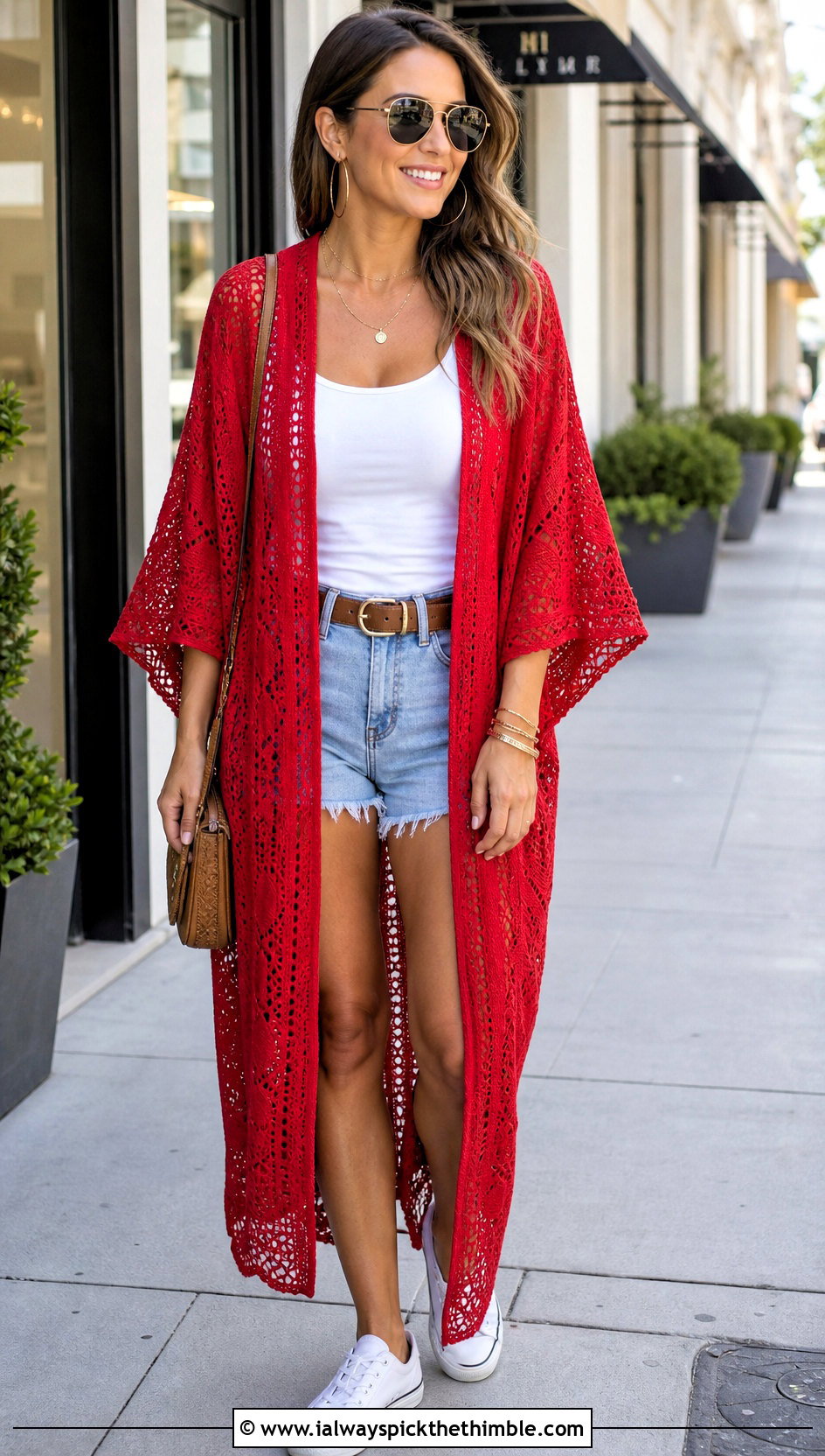 Red Crochet Kimono Cover Up With Denim Shorts - 20 red crochet cover up outfit ideas